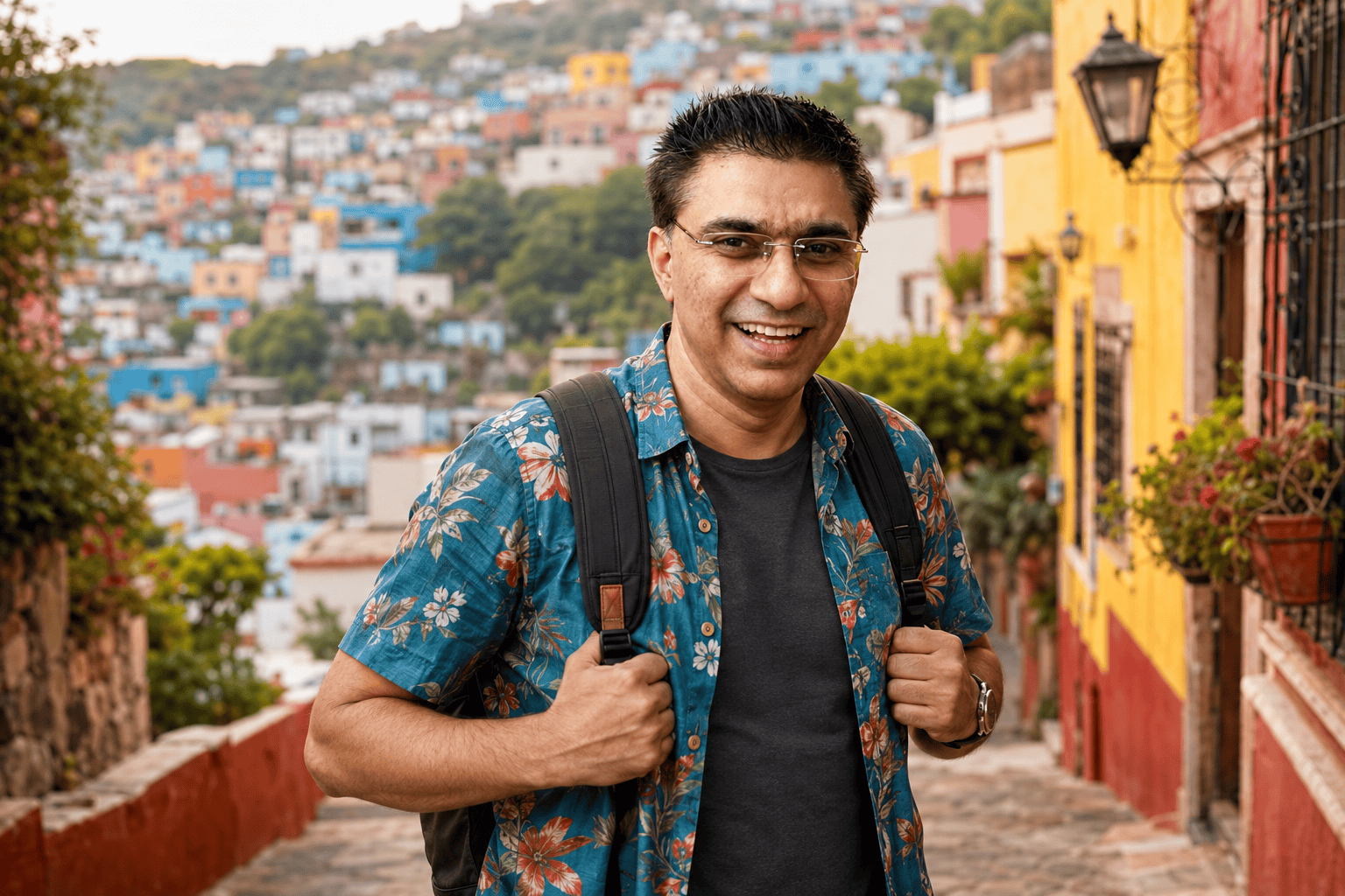 AI image prompt result — travel portrait in a colorful Latin American hillside town with brightly colored houses
