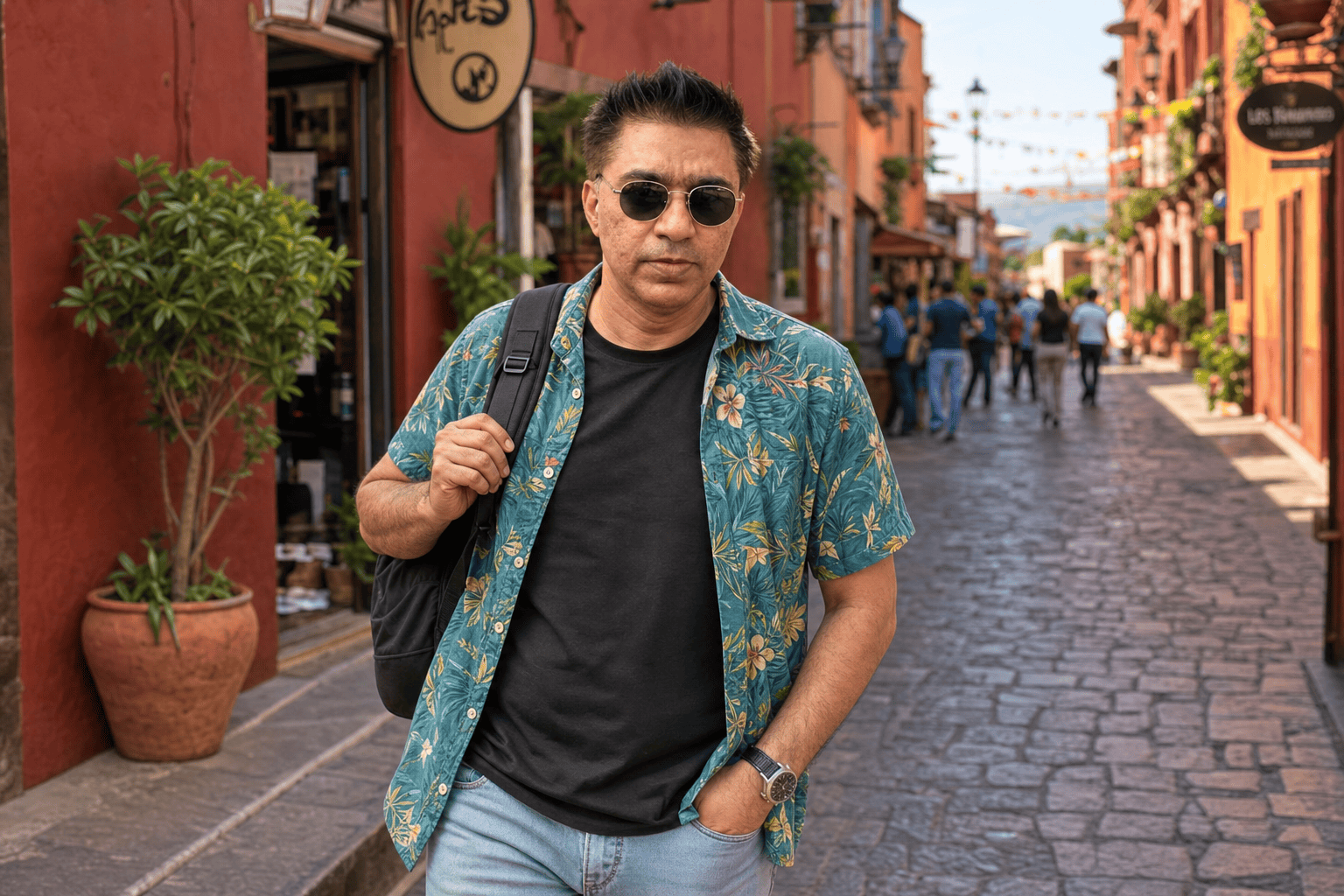 AI image prompt result — candid walking street travel portrait in a terracotta colonial Mexican alley