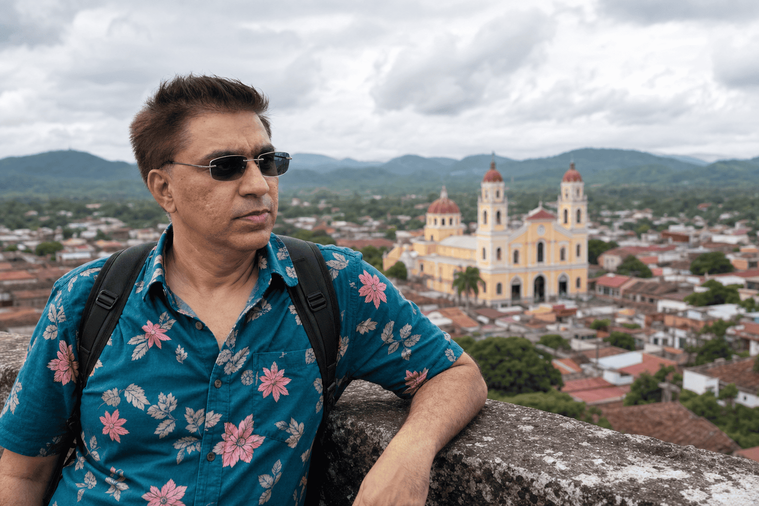 AI image prompt result — contemplative side profile travel photo overlooking a yellow colonial cathedral