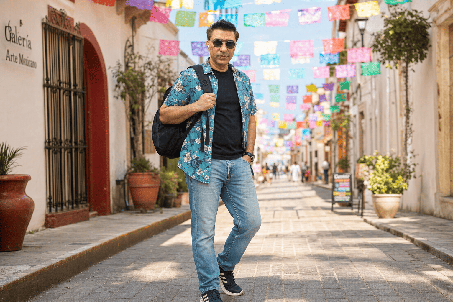 AI image prompt result — full body travel street portrait under colorful paper banners in a Mexican town