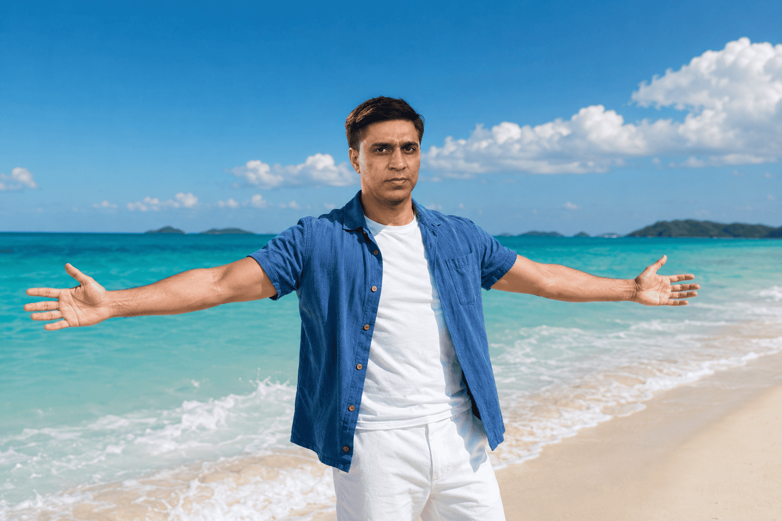 A confident man wearing a blue open shirt over a white T-shirt and white trousers stands on a sunny tropical beach with his arms outstretched, facing the camera, with turquoise ocean water and a bright blue sky in the background.