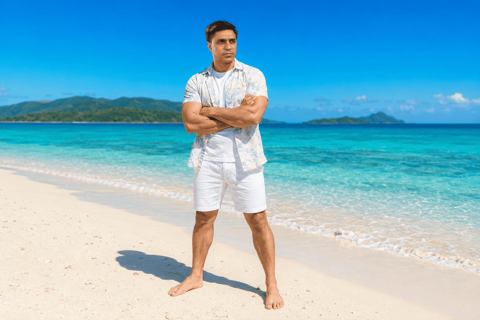 Photorealistic full-body portrait of a man standing barefoot on a sunny tropical beach with turquoise water and a clear blue sky.