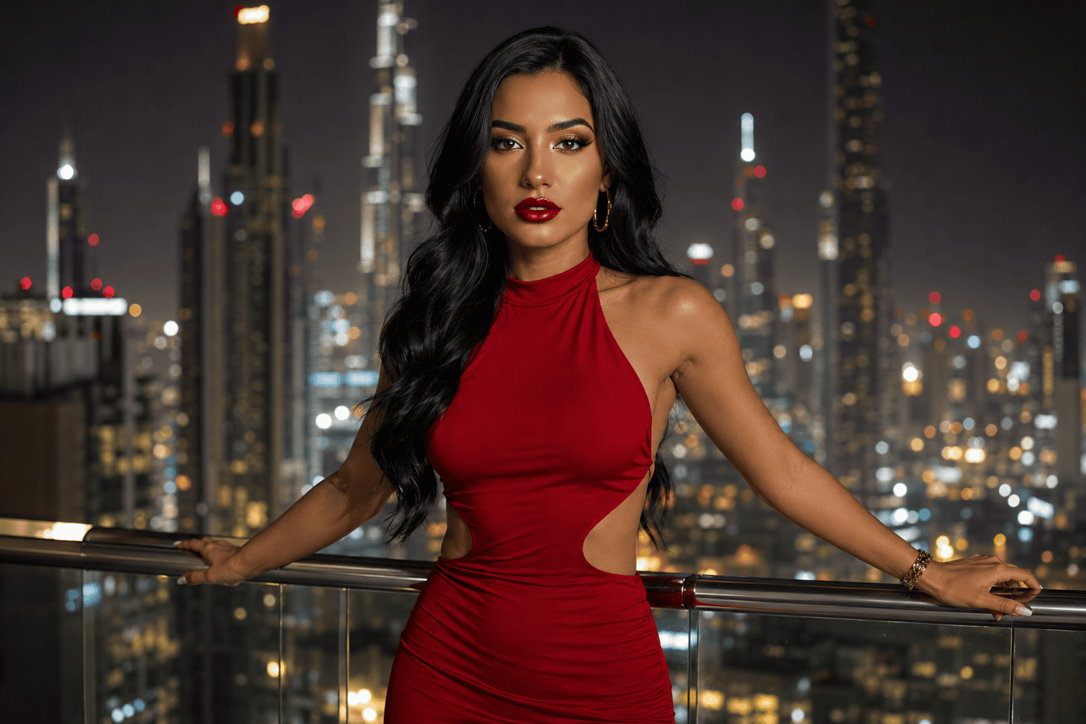 Photorealistic portrait of a woman with long black hair wearing a cherry red halter-neck cocktail dress with side cutouts, posing on a rooftop balcony with a glass railing against a blurred Dubai-style city skyline at night.