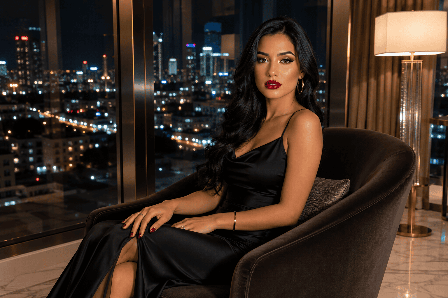 Elegant woman with long black wavy hair wearing a black satin slip dress, seated on a modern velvet armchair in a luxury penthouse with floor-to-ceiling windows overlooking a glowing nighttime city skyline.