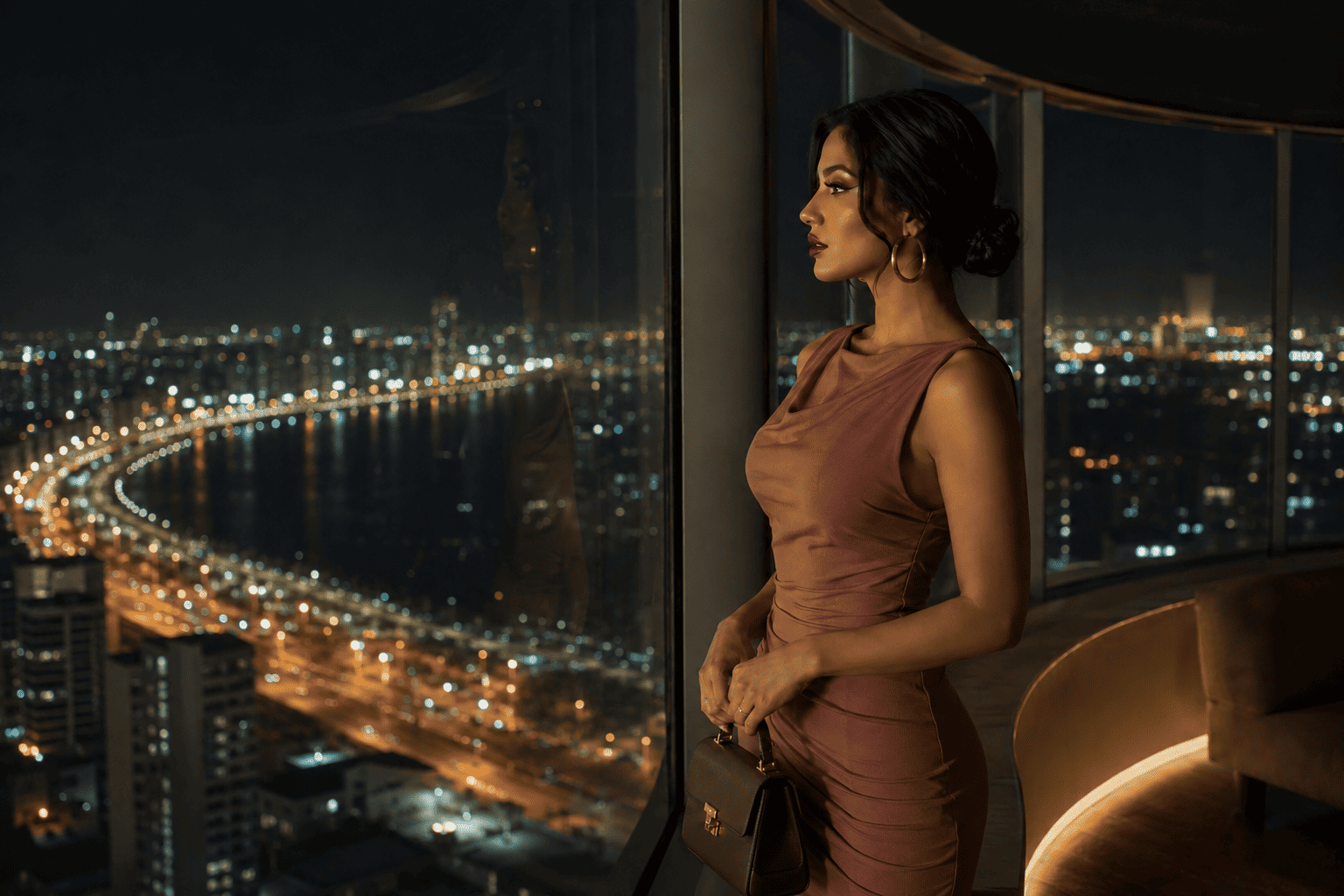 Photorealistic side-profile portrait of an elegant woman in a dusty rose dress standing by a curved floor-to-ceiling window, holding a brown handbag while overlooking a glowing nighttime city skyline.