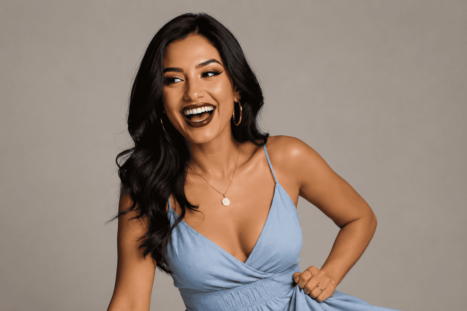 High-resolution studio portrait of a smiling woman in a light blue dress, laughing while looking to the side against a neutral background Stylish Studio Portrait AI Image Prompts