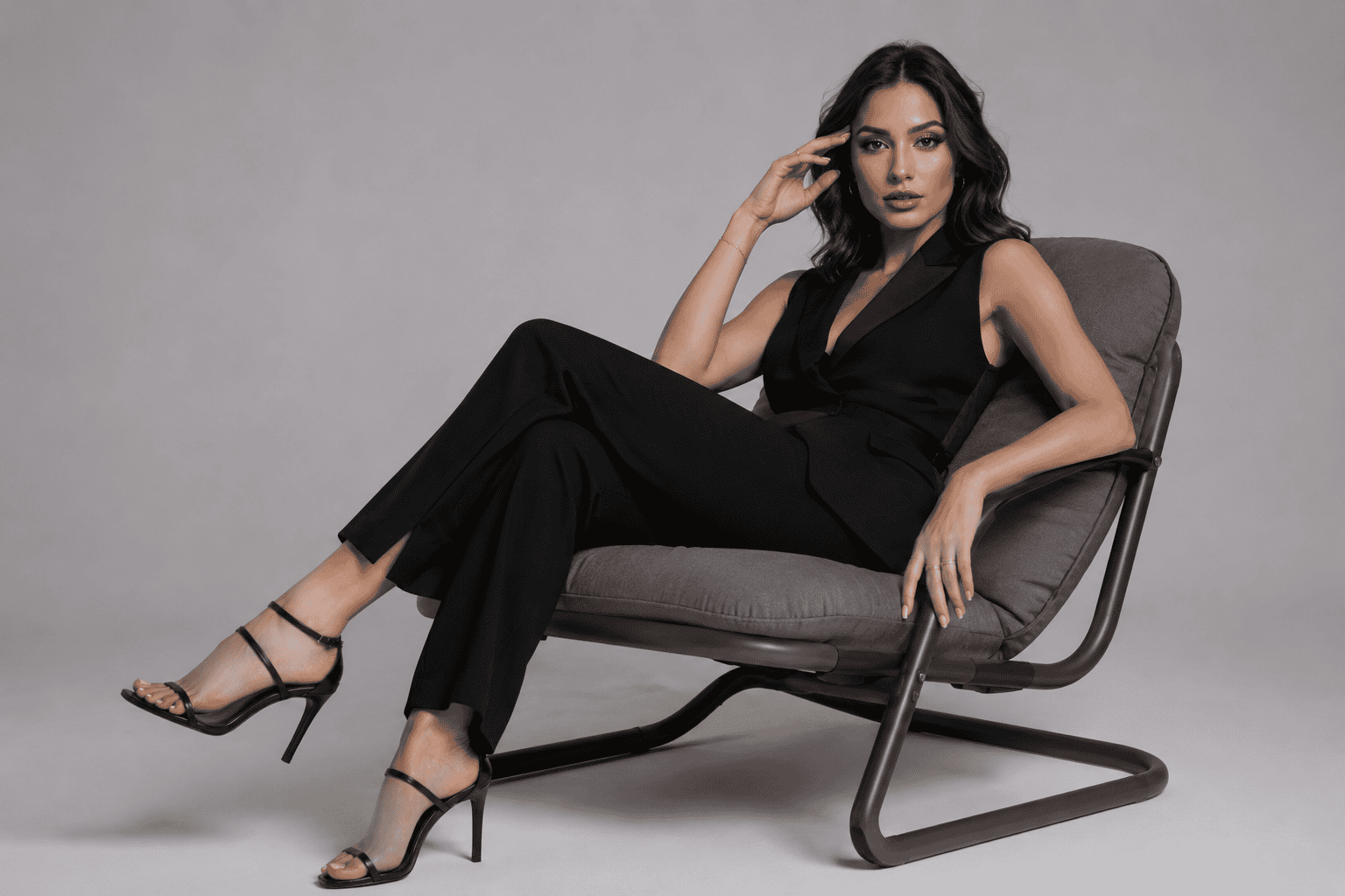 Professional studio portrait of a woman in a black tailored outfit reclining on a gray cushioned chair against a light gray background Stylish Studio Portrait AI Image Prompts