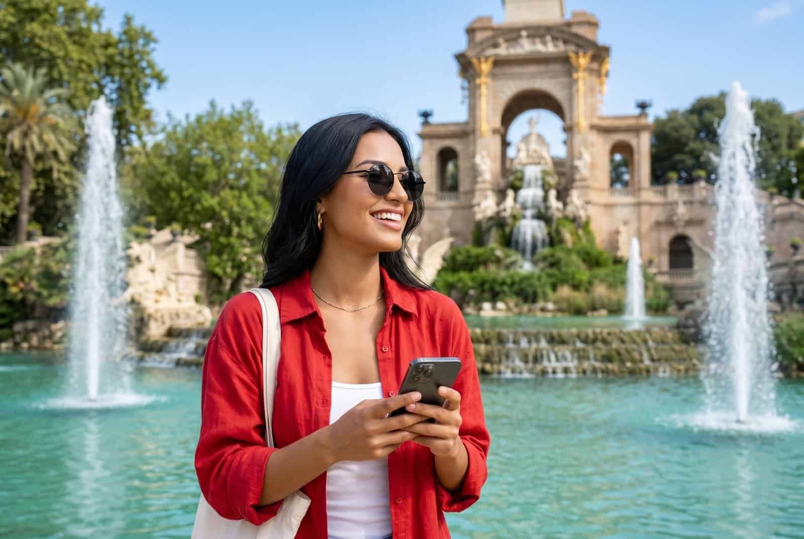 A smiling woman in a red shirt and sunglasses holds a phone near the Cascada Monumental fountain in Ciutadella Park, Barcelona.Joyful Travel Adventures AI Image Prompts
