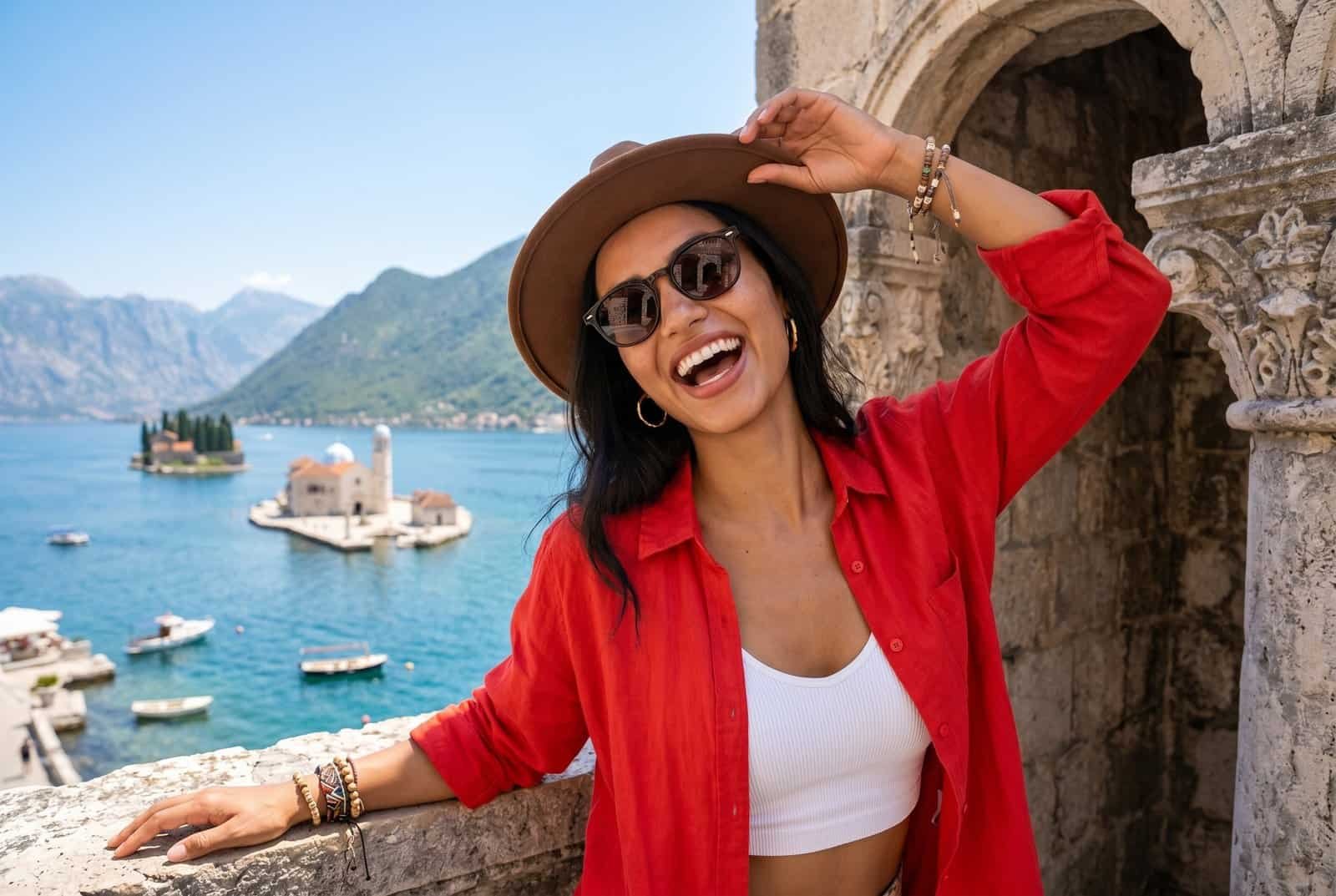 A smiling woman in a red shirt and hat leans on a stone balustrade, with the Bay of Kotor and islands in the background.