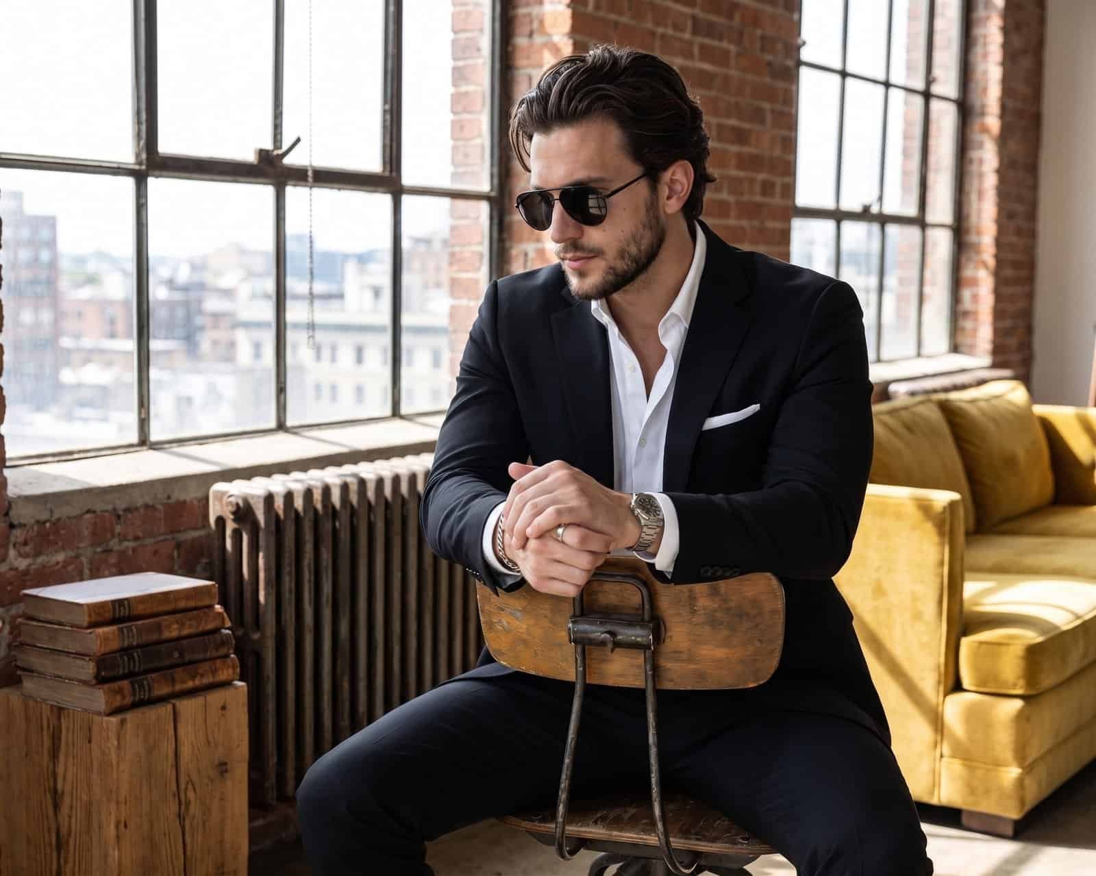 A stylish man in a black suit and aviator sunglasses sitting backwards on a vintage chair in a sunlit industrial loft.