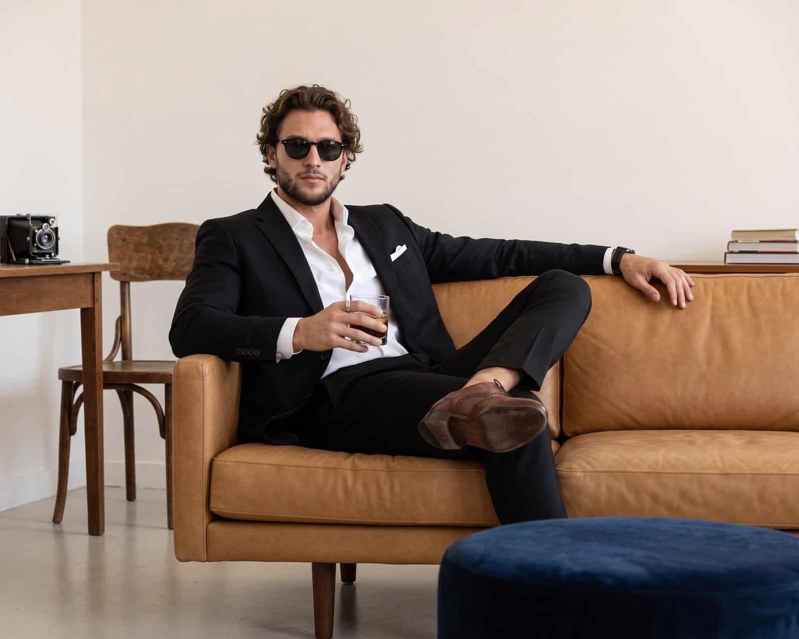 A confident man with a short beard and sunglasses wearing a tailored black suit and unbuttoned white shirt, sitting casually on a mid-century modern tan leather sofa and holding a glass in a minimalist studio.