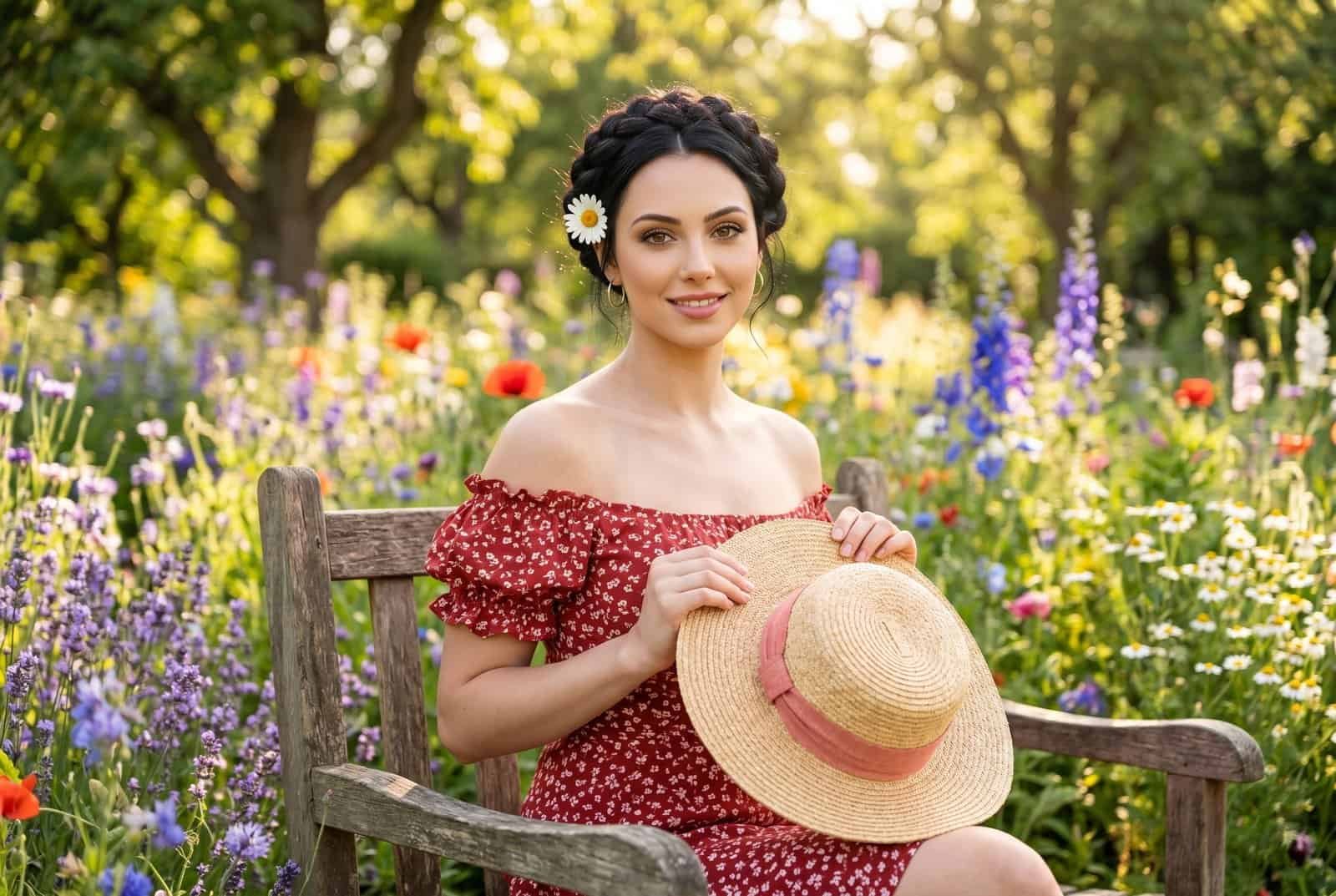 Young woman with daisy in hair on a wooden garden bench holding a straw hat. Fashion and Lifestyle Magazine