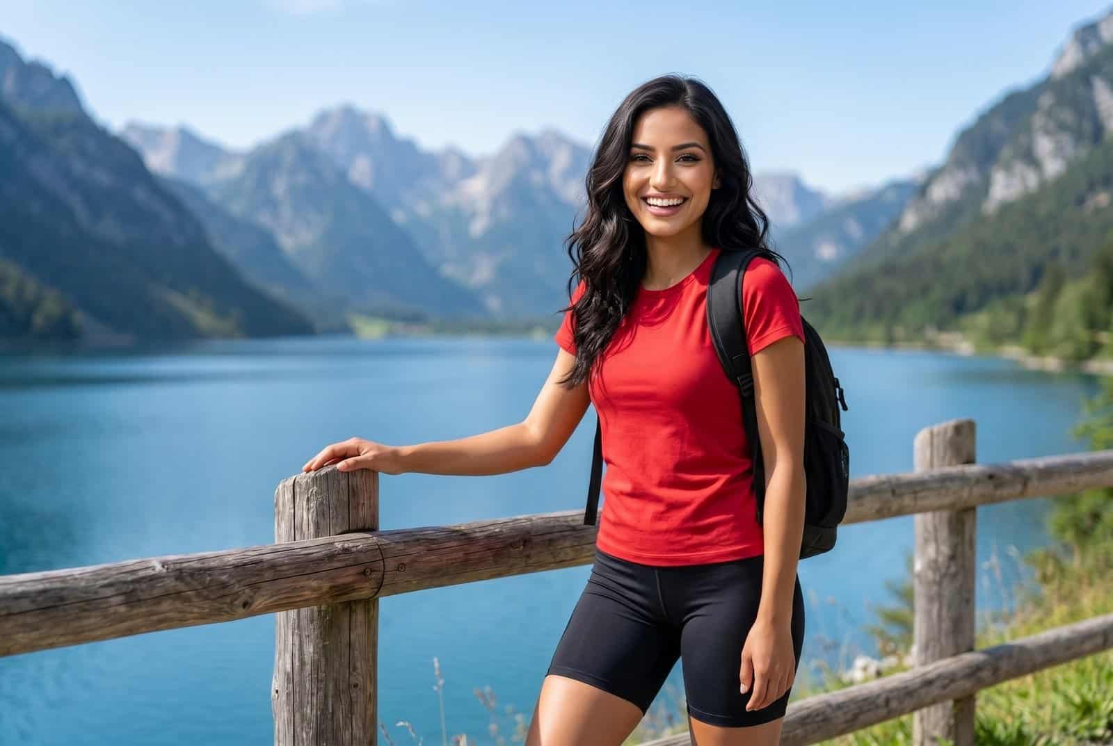 A smiling woman in a red t-shirt and backpack standing by a wooden fence with a mountain lake in the background. Joyful Travel Adventures AI Image Prompts