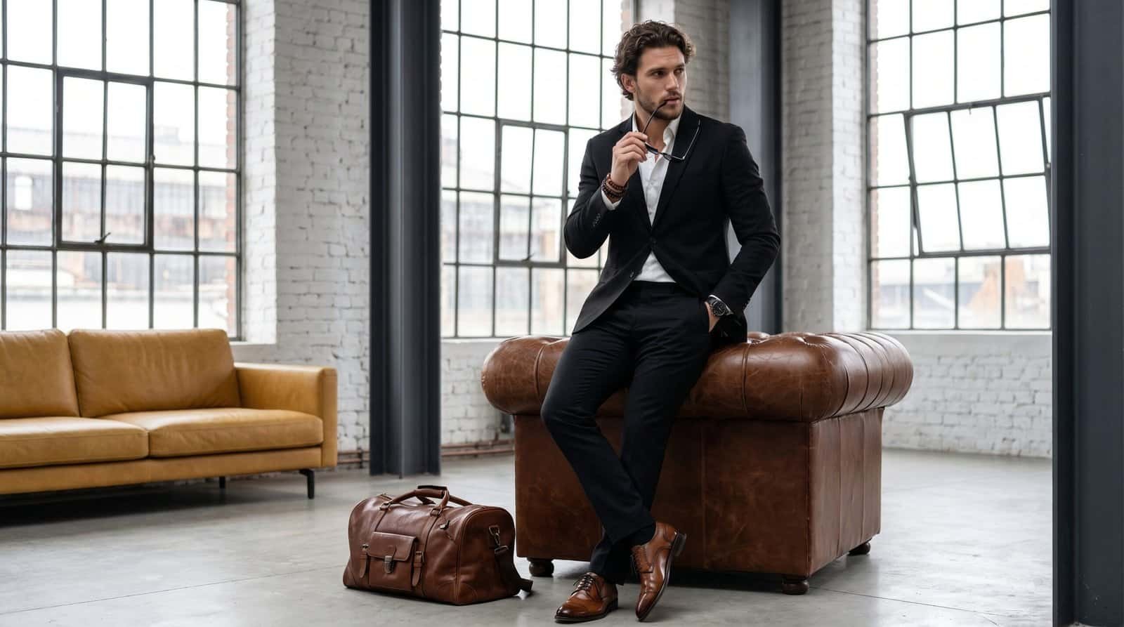 A man in a tailored black suit sits in a modern industrial loft apartment Modern Gentleman Style
