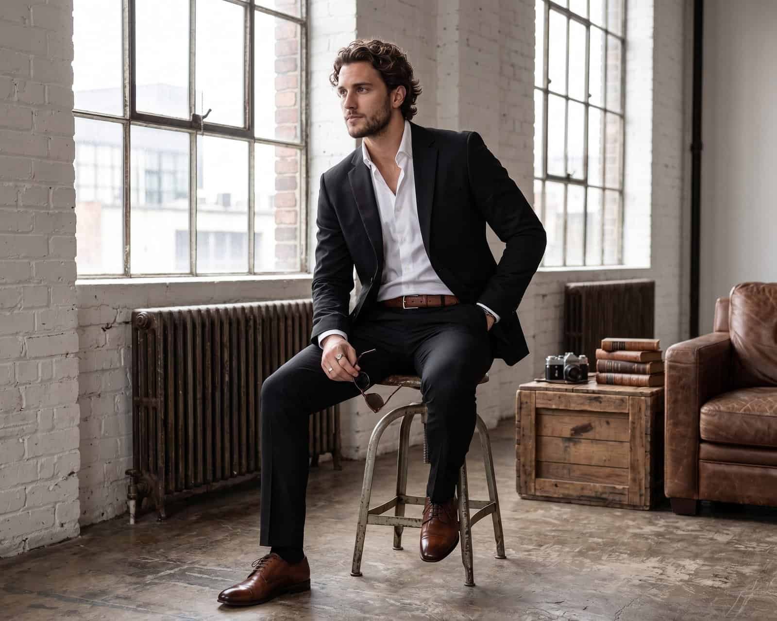 A man in a tailored black suit and unbuttoned white shirt sitting on a vintage metal stool in an industrial brick loft Modern Gentleman Style