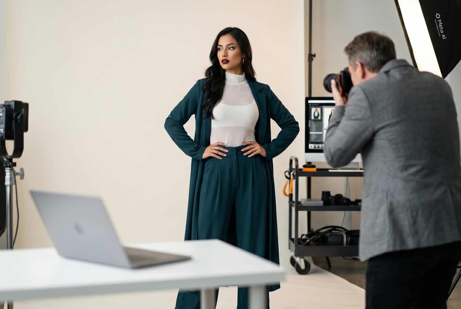 A female model with dark hair and red lipstick poses with hands on hips, wearing a dark teal duster coat over a sheer white high-neck top and matching high-waisted trousers