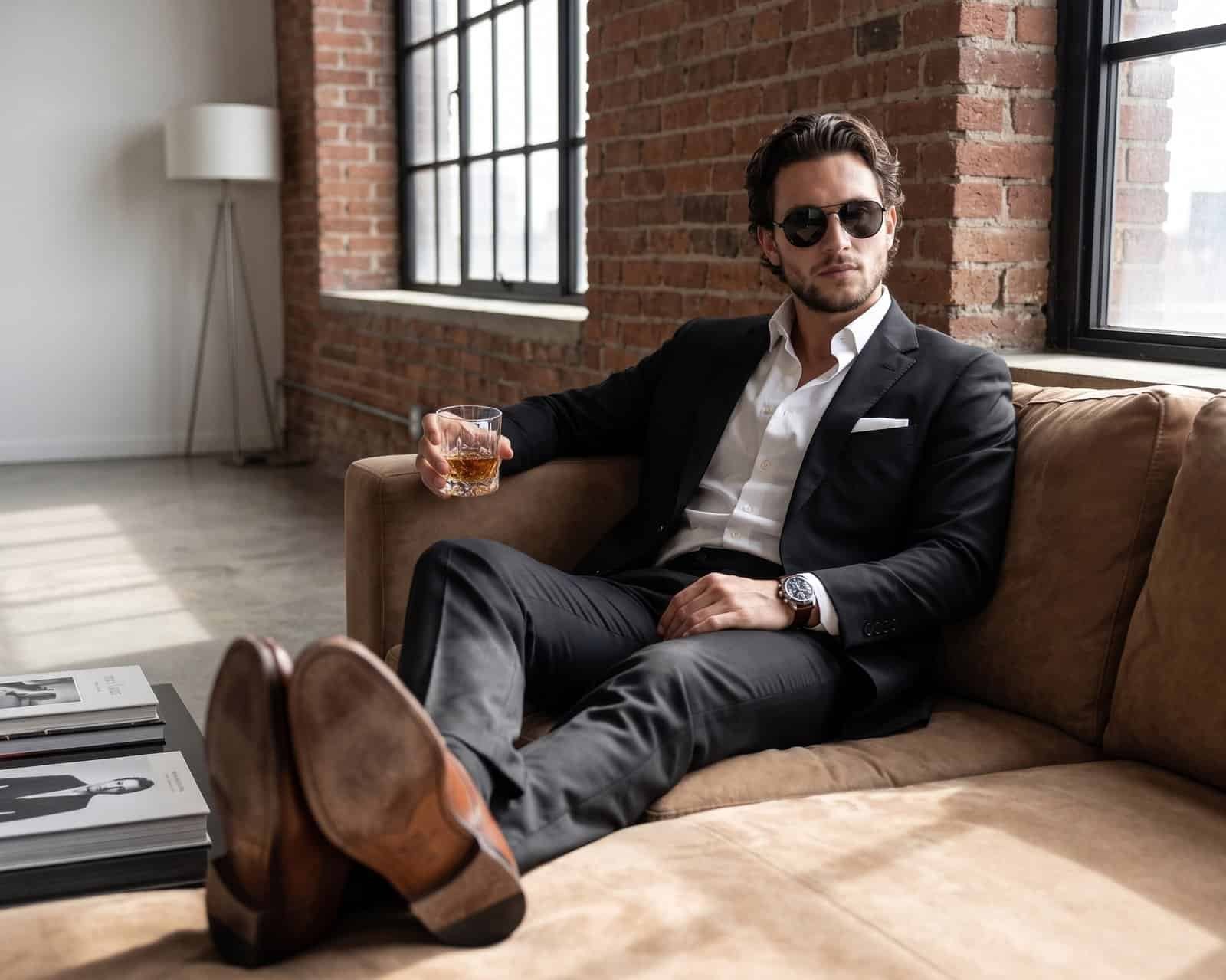 A photorealistic image of a sophisticated man wearing a tailored black suit and aviator sunglasses, lounging on a tan-brown sofa in a sunlit, industrial brick loft while holding a glass of whiskey.