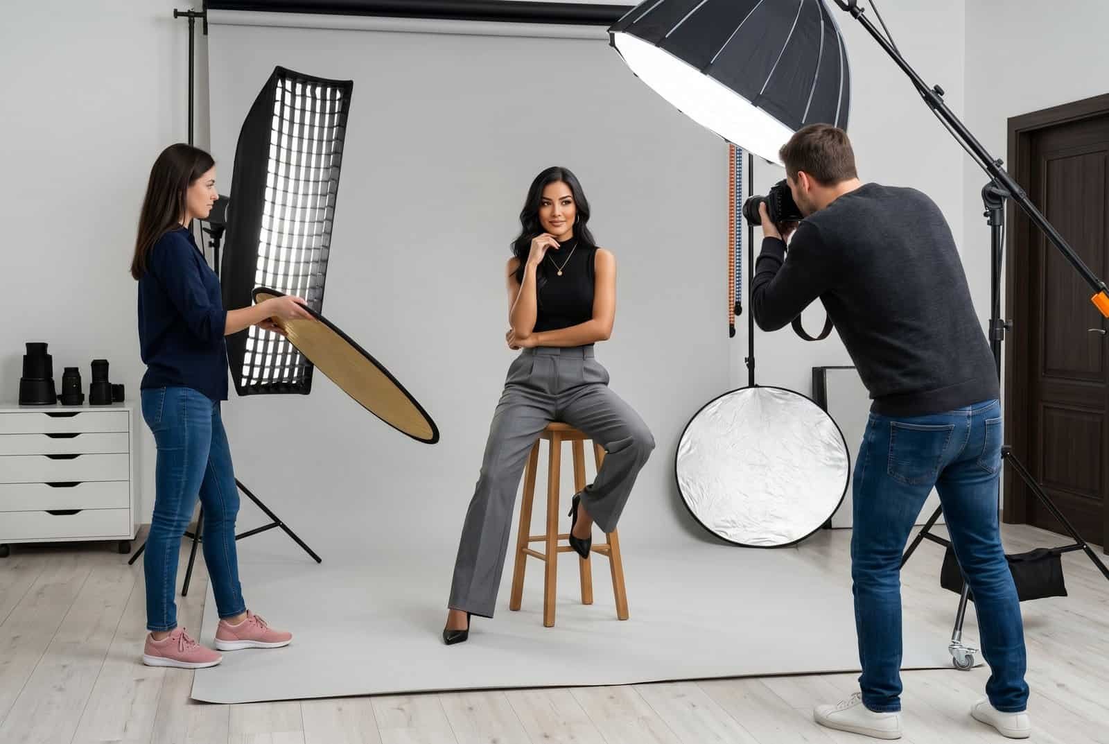 A photographer shooting a female model in a red velvet suit inside a professional studio. Fashion Editorial BTS AI Image Prompts