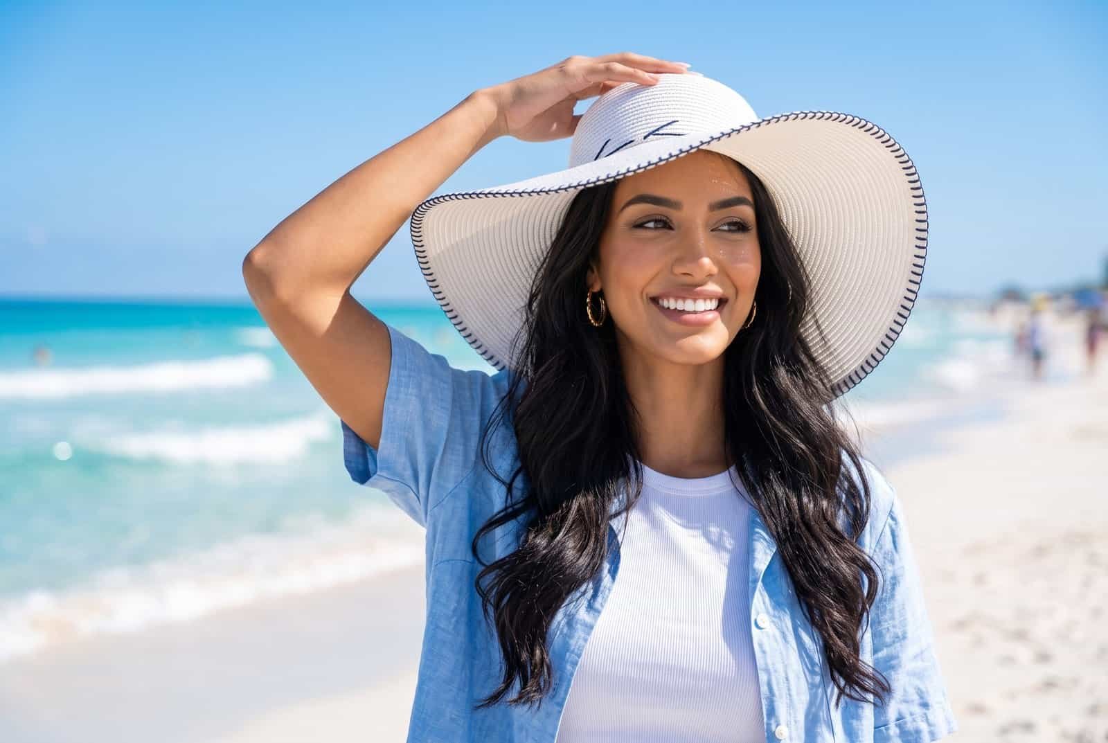 A medium shot of a joyful woman in a light blue open shirt and a wide-brimmed white sun hat, smiling as she looks away on a sunny beach with clear blue ocean water in the background.