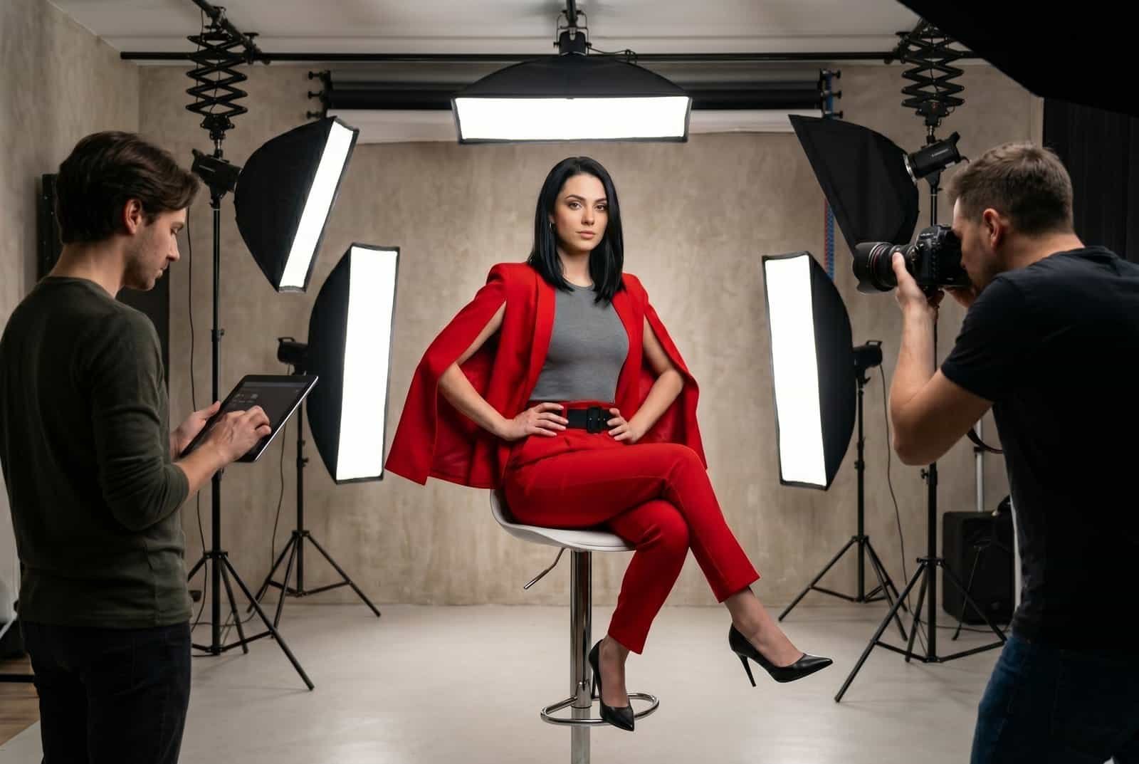 A model wearing a high-waisted red trouser and cape suit, sitting in a photography studio with lighting rigs and crew.