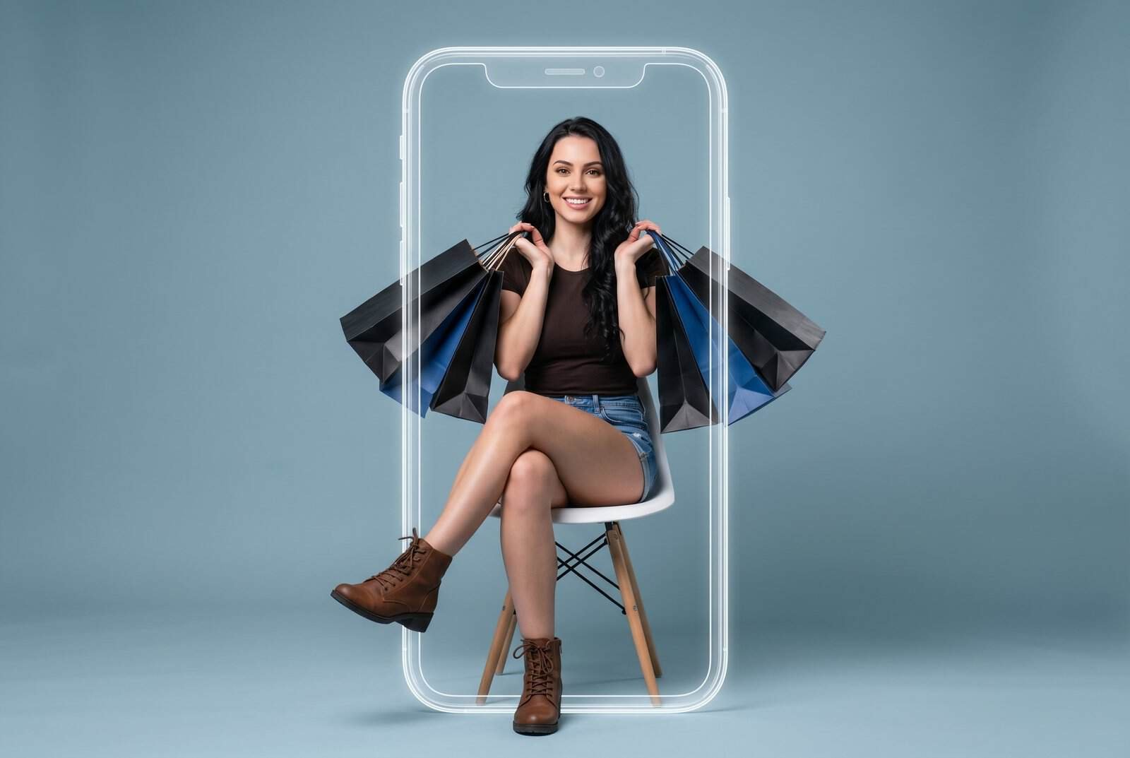 A detailed photorealistic image of a smiling woman with dark curly hair, sitting cross-legged on an Eames chair holding black and blue shopping bags, framed by a luminous neon Fashion and Lifestyle Magazine