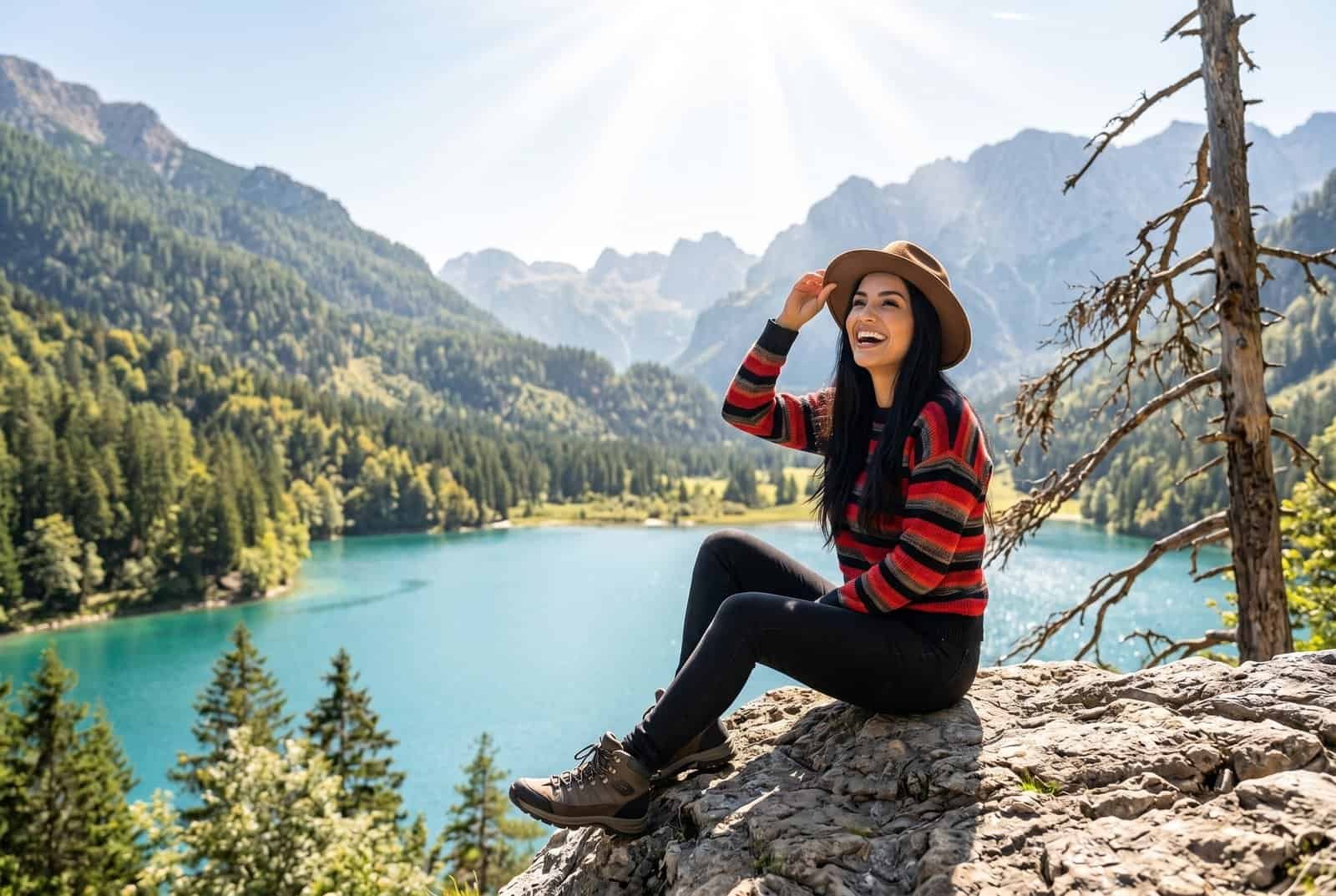 A smiling woman in a hat sitting on a rocky ledge overlooking a blue mountain lake.