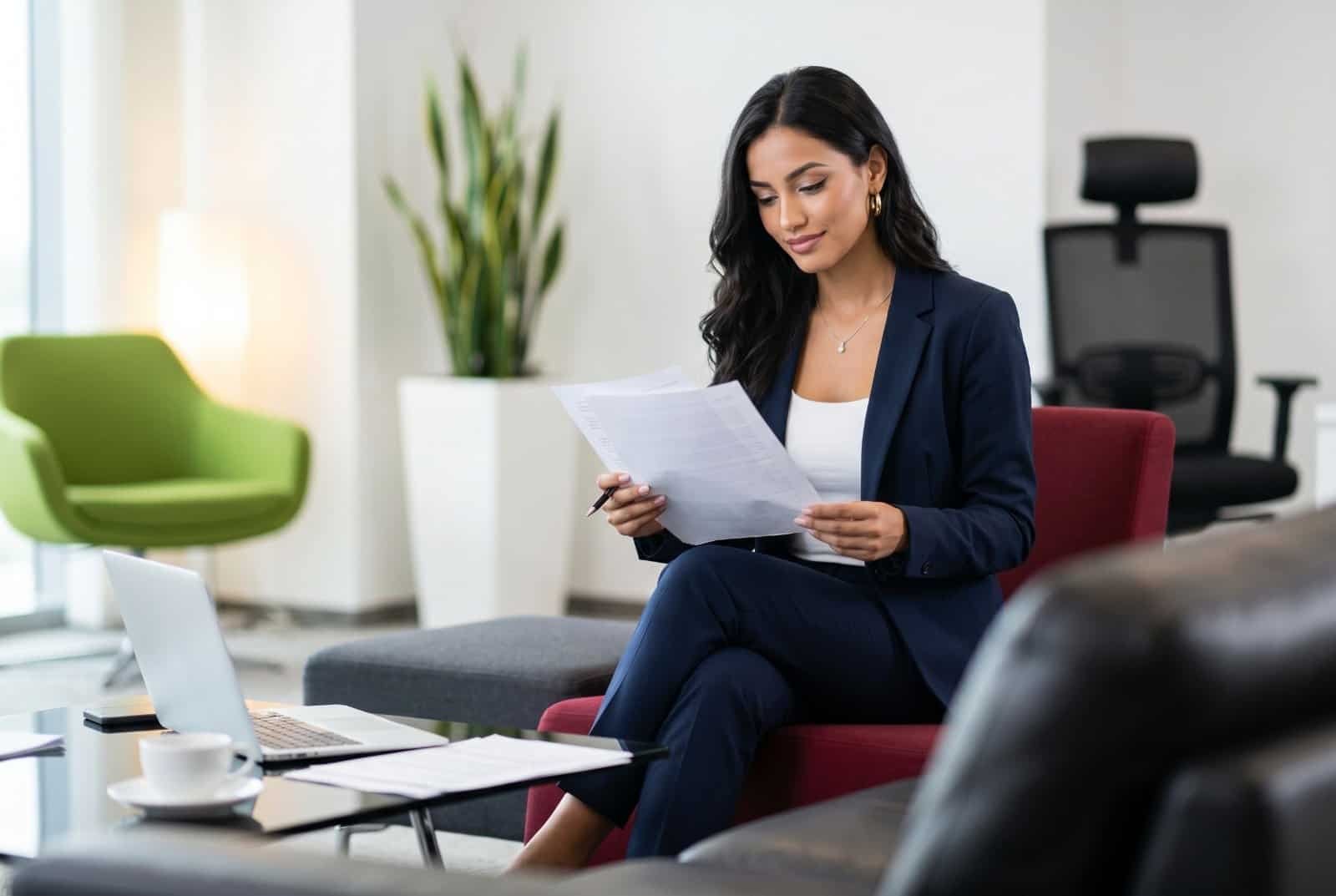 A businesswoman in a dark blue suit sitting in a modern office lounge, focused on reading printed documents.