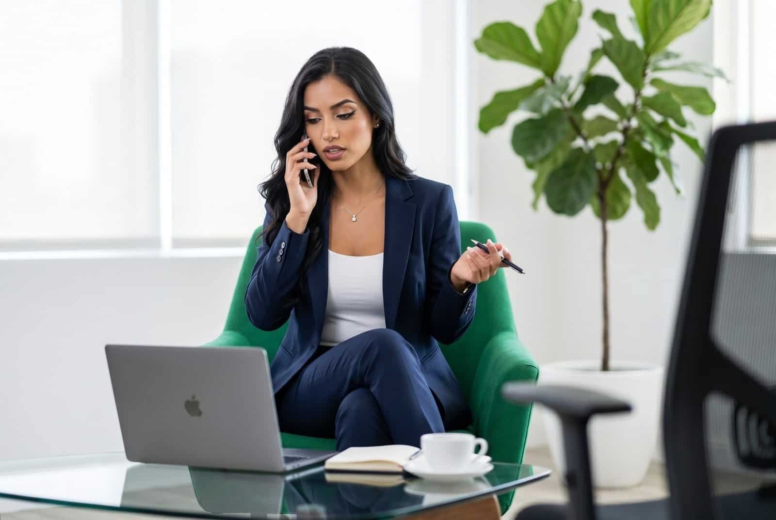 A professional woman in a dark blue suit sitting in a green armchair, talking on a smartphone while looking at a laptop on a glass table.