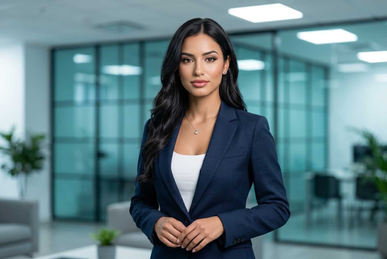 A confident businesswoman in a navy blue blazer standing in a bright, modern glass-walled office.