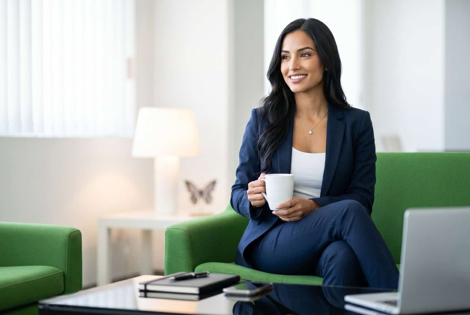 A smiling professional woman in a dark blue suit sitting on a bright green sofa. She is holding a white coffee mug and looking off to the side