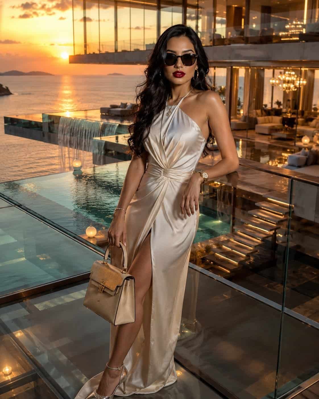 A stylish woman wearing a flowing royal blue gown posing on rocky shores with crashing ocean waves and scenic mountains in the background.