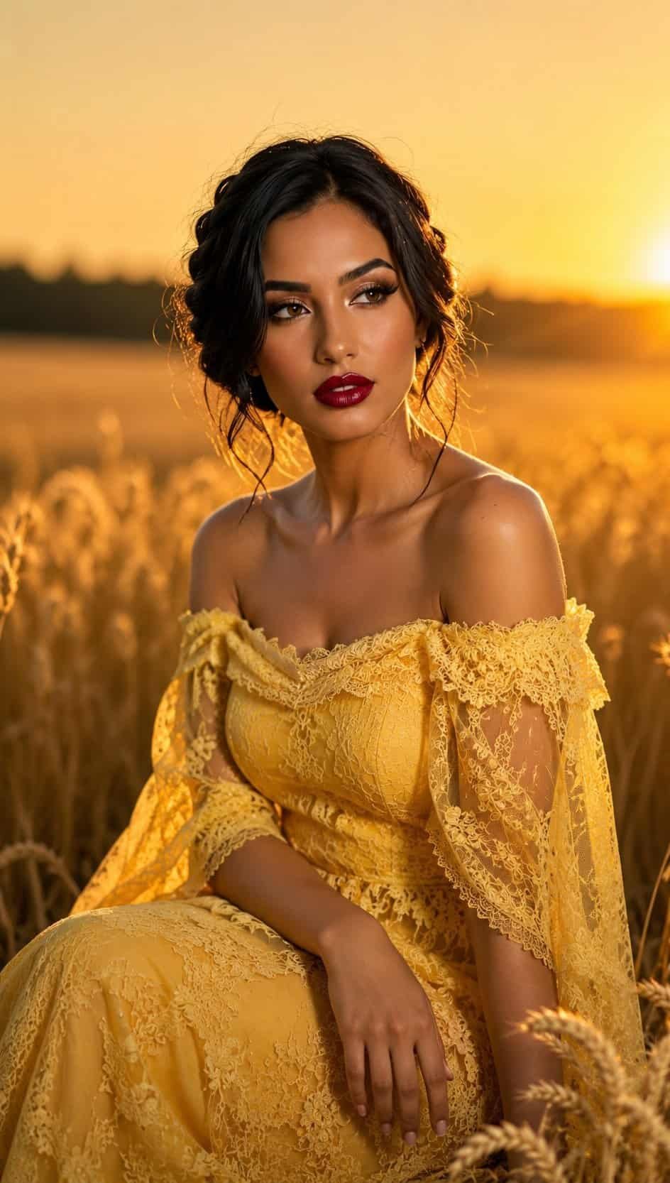 A beautiful woman in an elegant yellow lace dress sitting in a golden wheat field during sunset with warm natural lighting.