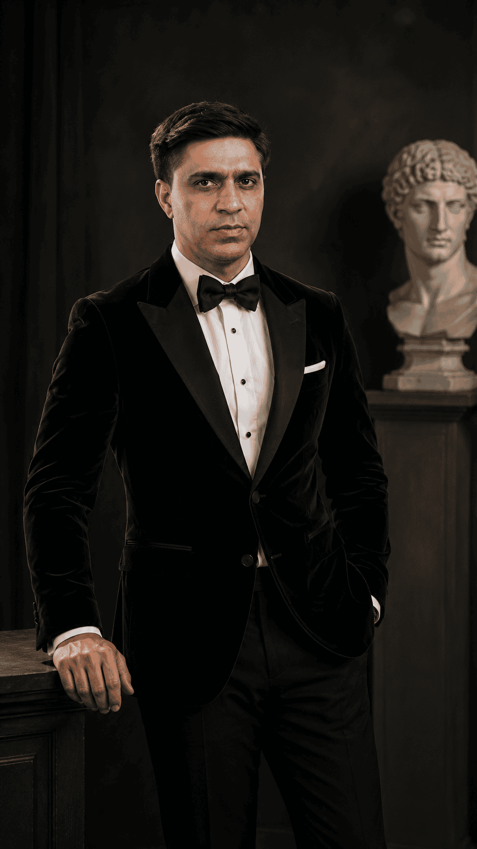 A man posing elegantly in a black velvet tuxedo and bow tie in a dark studio.
Portrait of a man wearing a classic black tuxedo next to a white bust sculpture.