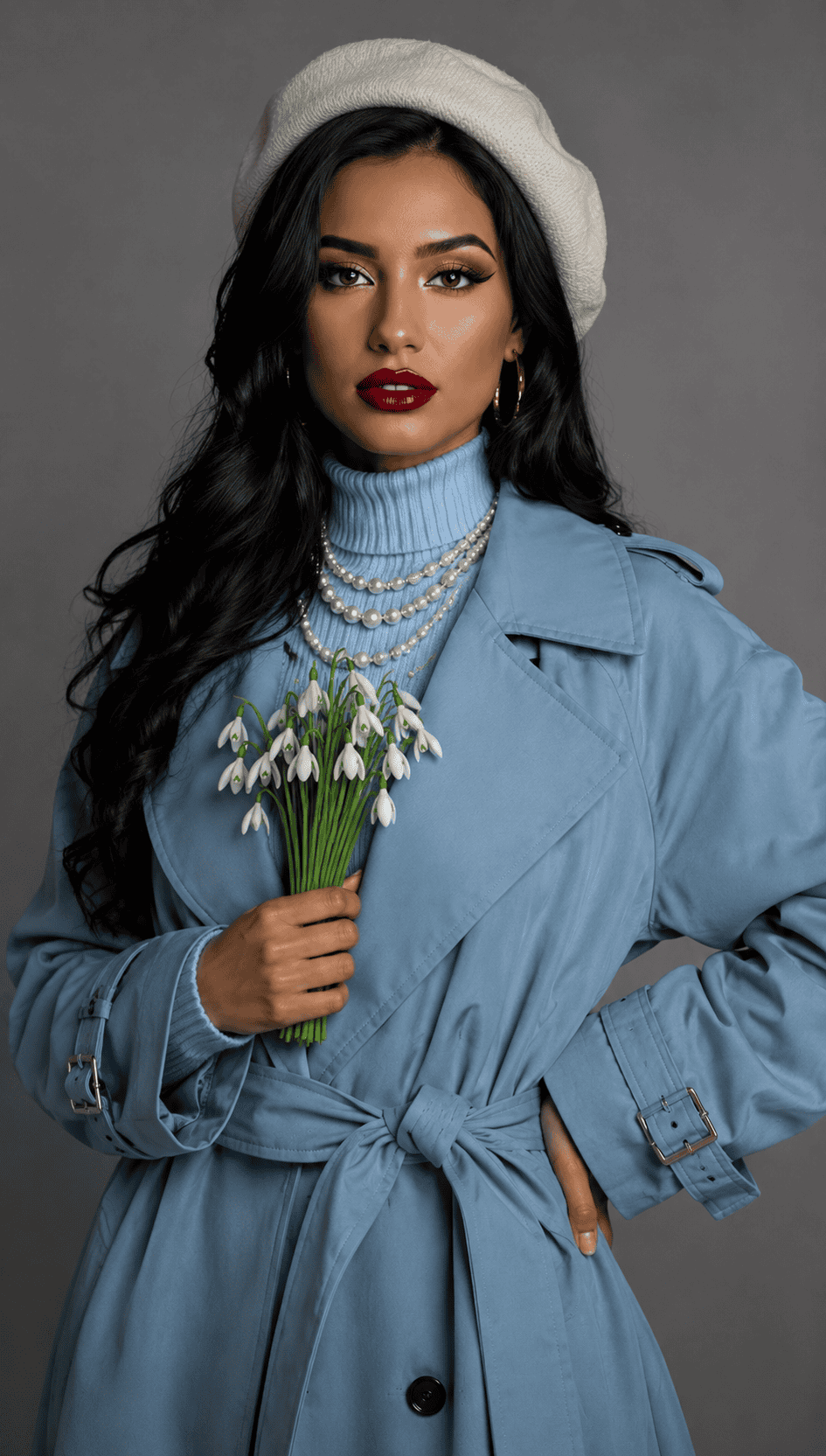 Woman in a dusty blue trench coat and cream beret holding snowdrop flowers in a professional studio fashion portrait.