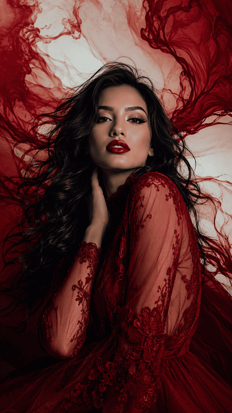 Glamorous woman in a deep red lace gown with flowing black hair, bold red lipstick, and an artistic crimson abstract background creating a dramatic fashion portrait Elegant Fashion Portrait AI Image Prompts