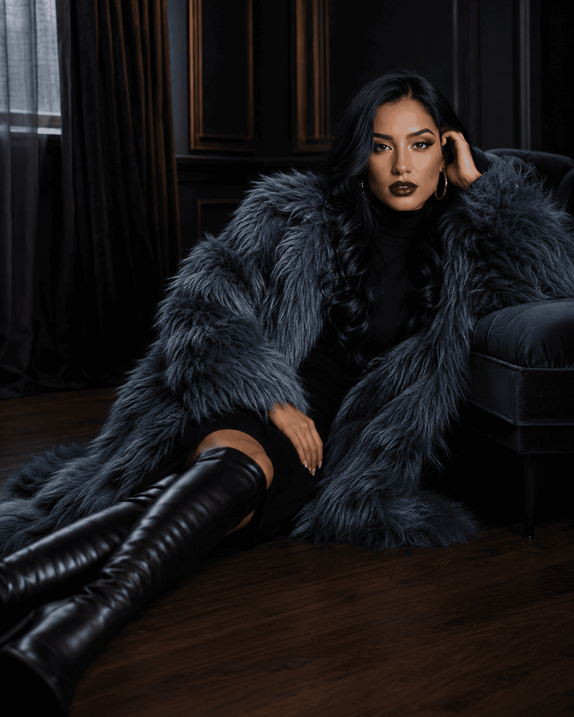 Woman in a luxurious blue faux-fur coat reclining against a teal velvet sofa in a dramatic high-fashion editorial setting.