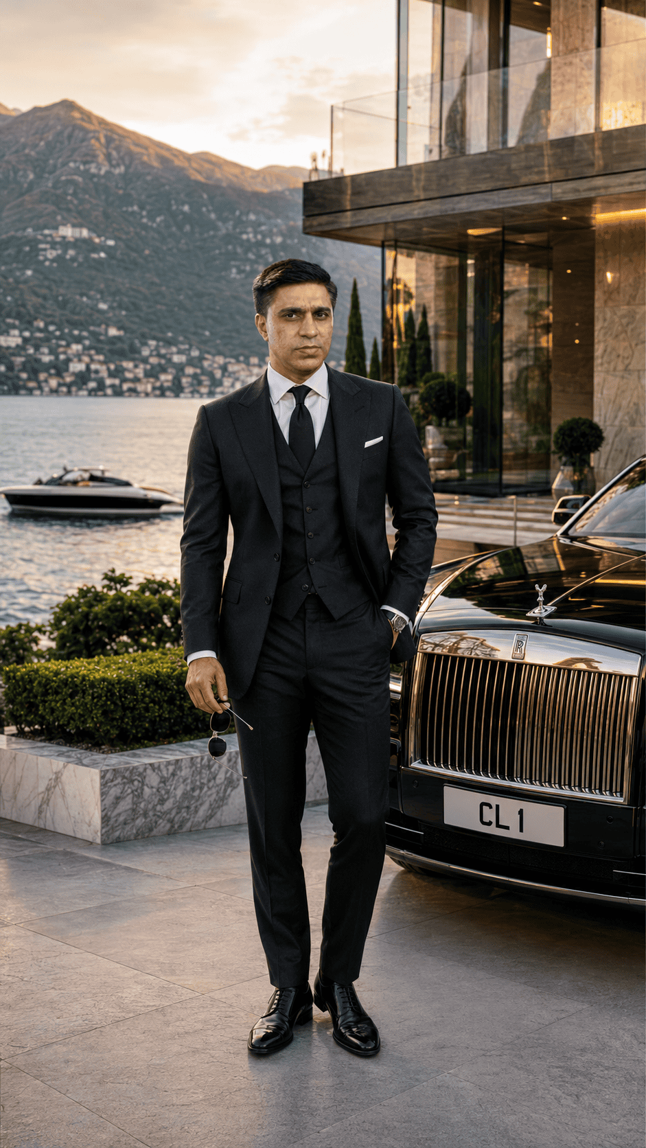 Ultra-realistic portrait of a confident man in a charcoal black three-piece luxury suit standing beside a Rolls-Royce in front of a modern glass villa overlooking Lake Como, Italy, during golden hour with a yacht and mountain backdrop.