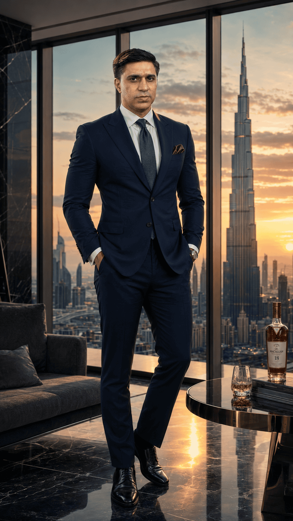 Ultra-realistic portrait of a confident businessman in a navy Italian suit standing inside a luxury Dubai penthouse with the Burj Khalifa skyline glowing at sunset.
