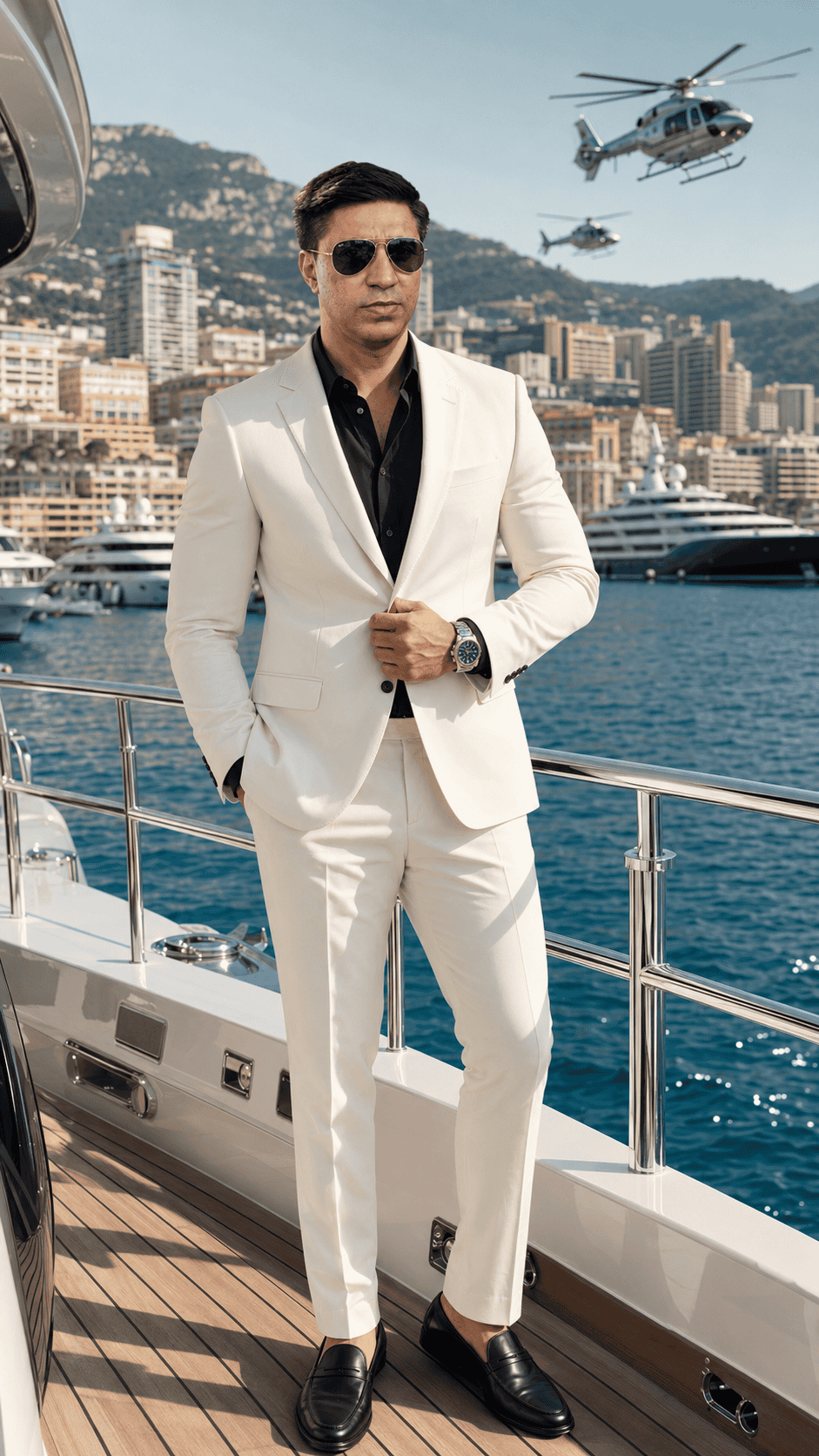 Ultra-realistic portrait of a man in an ivory white luxury suit standing on a superyacht in Monaco Harbor with crystal blue Mediterranean water, luxury yachts, helicopters, and the Monte Carlo skyline in the background.