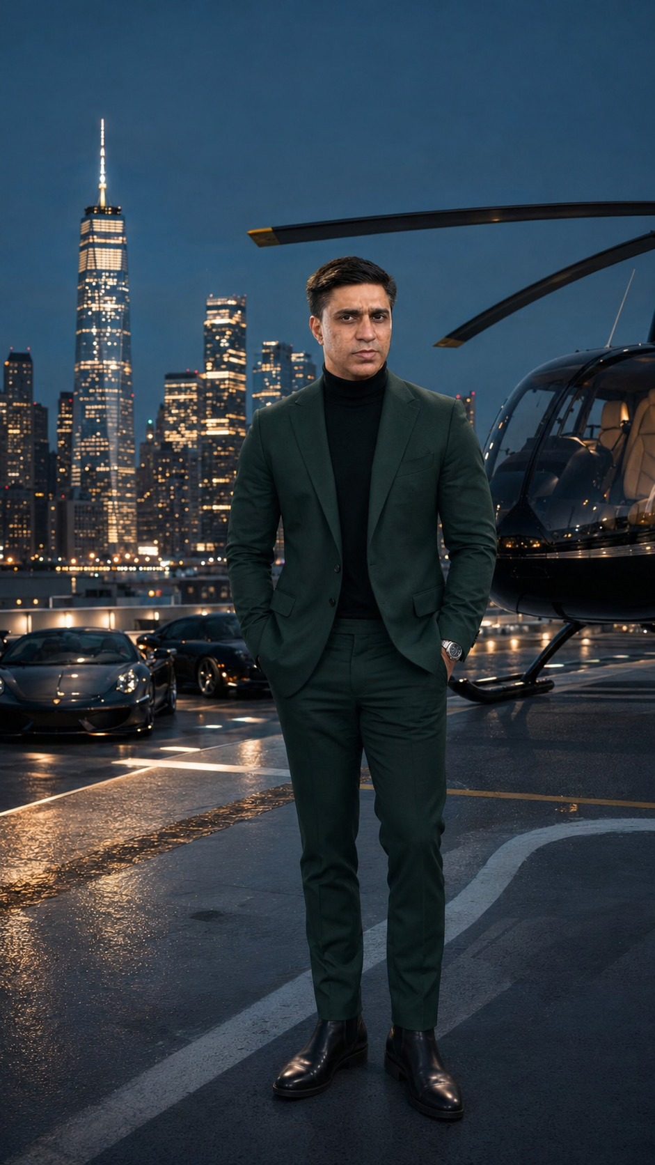 Man in a dark green suit and black turtleneck standing on a rooftop helipad beside a luxury helicopter, with sports cars and the illuminated New York City skyline at blue hour in the background Elite Executive Luxury Collection