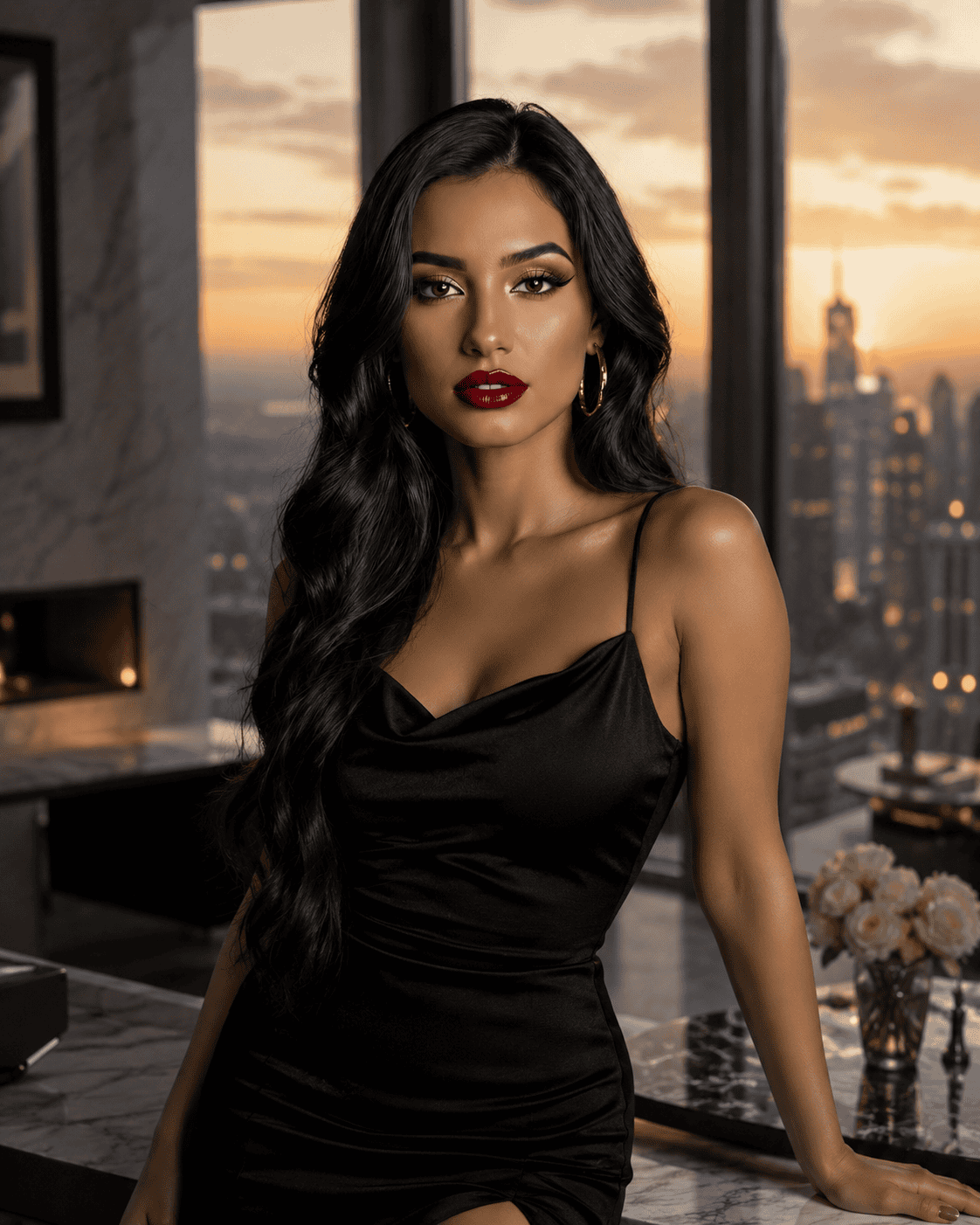Elegant woman in a black evening dress posing inside a luxury glass penthouse with a beautiful city skyline at sunset.
