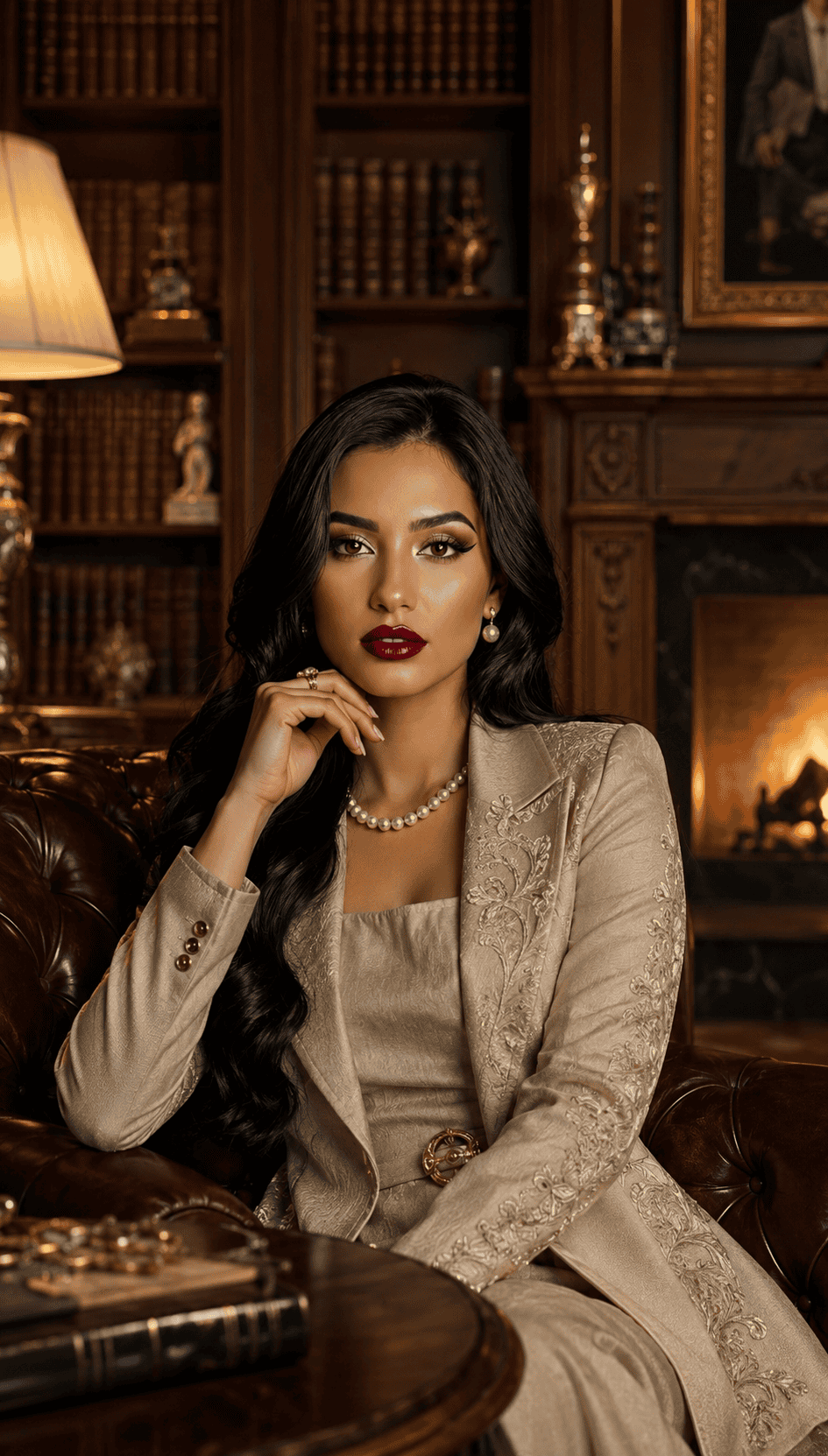 Elegant woman in a beige couture outfit with pearl jewelry posing in a luxurious mansion library with wooden bookshelves, leather furniture, and a warm fireplace.