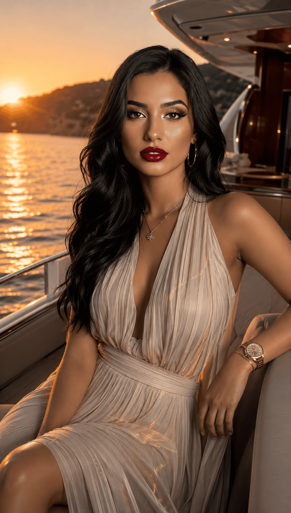 Elegant woman in a flowing evening dress posing on a luxury private yacht at golden hour with a calm Mediterranean sea and cinematic sunset lighting.