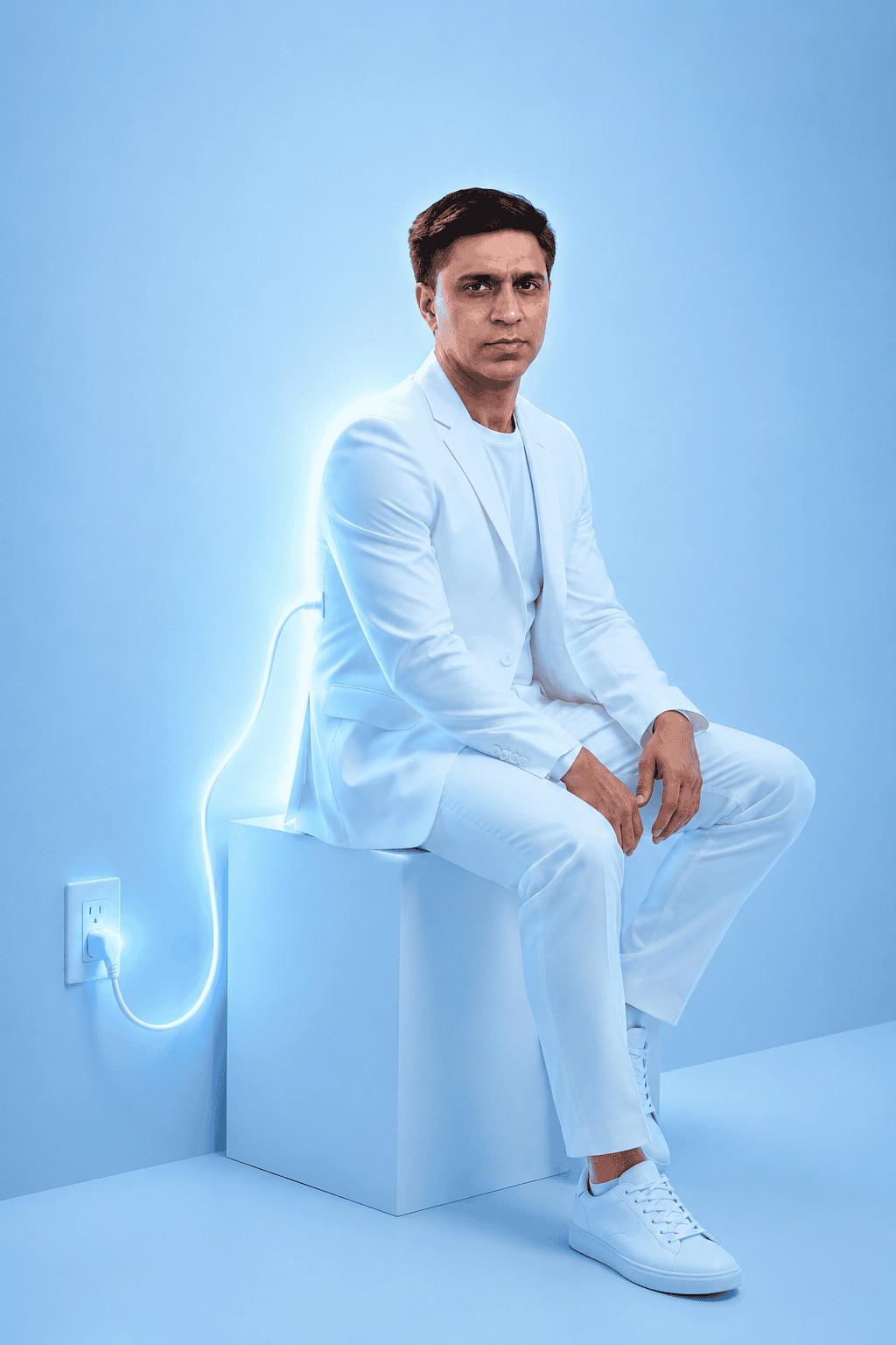 A man in a white suit sits on a white cube in a minimalist light-blue studio, connected to a wall outlet by a glowing white power cable extending from the back of his blazer, creating a subtle futuristic halo effect viral AI photo prompts
