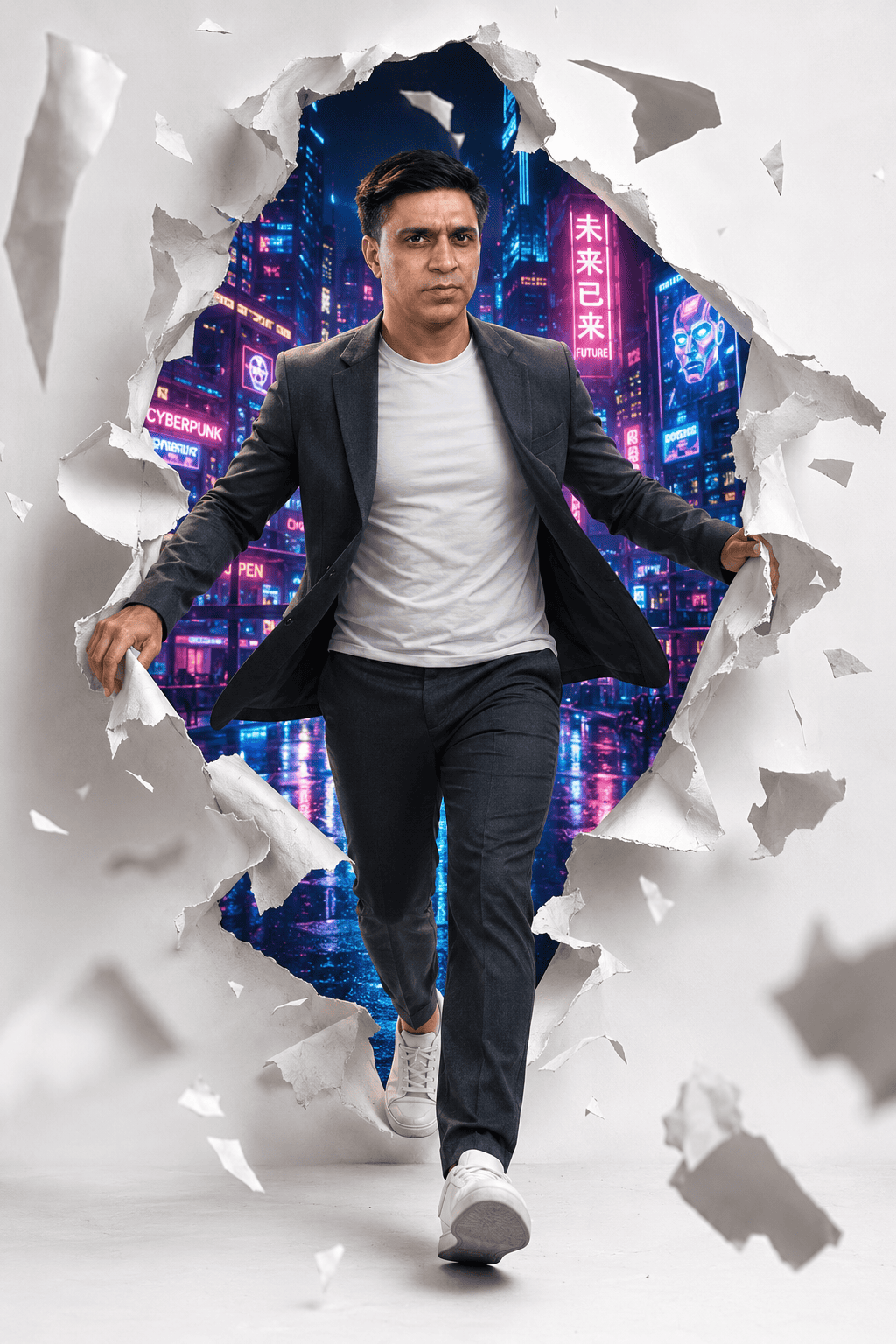 A stylish man in a charcoal suit walks through a torn white paper wall into a glowing neon cyberpunk city, with floating paper fragments and dramatic commercial lighting viral AI photo prompts