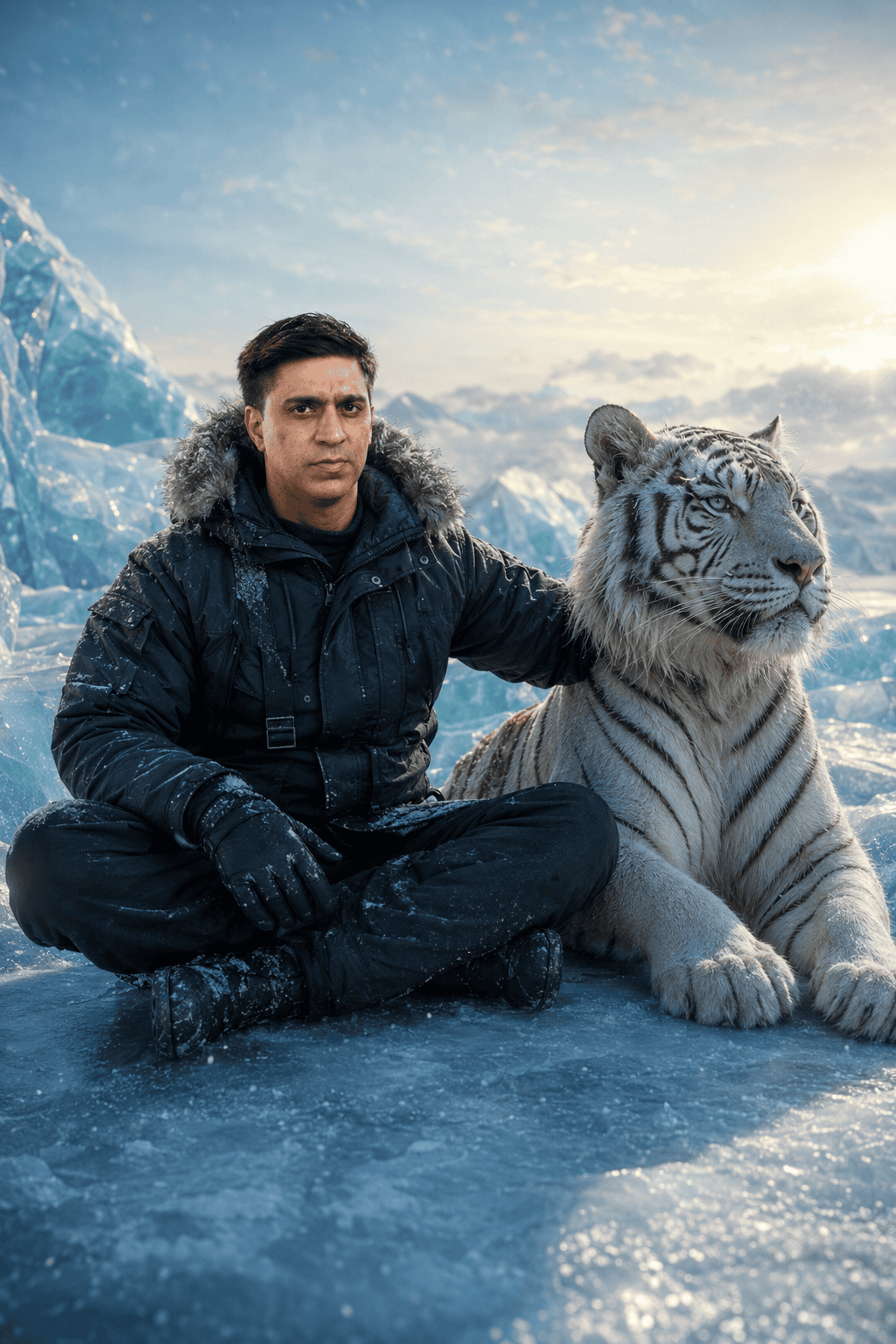 A cinematic portrait of a man in a black expedition parka sitting on Arctic ice beside a majestic white Bengal tiger, surrounded by blue glaciers and soft golden sunlight.