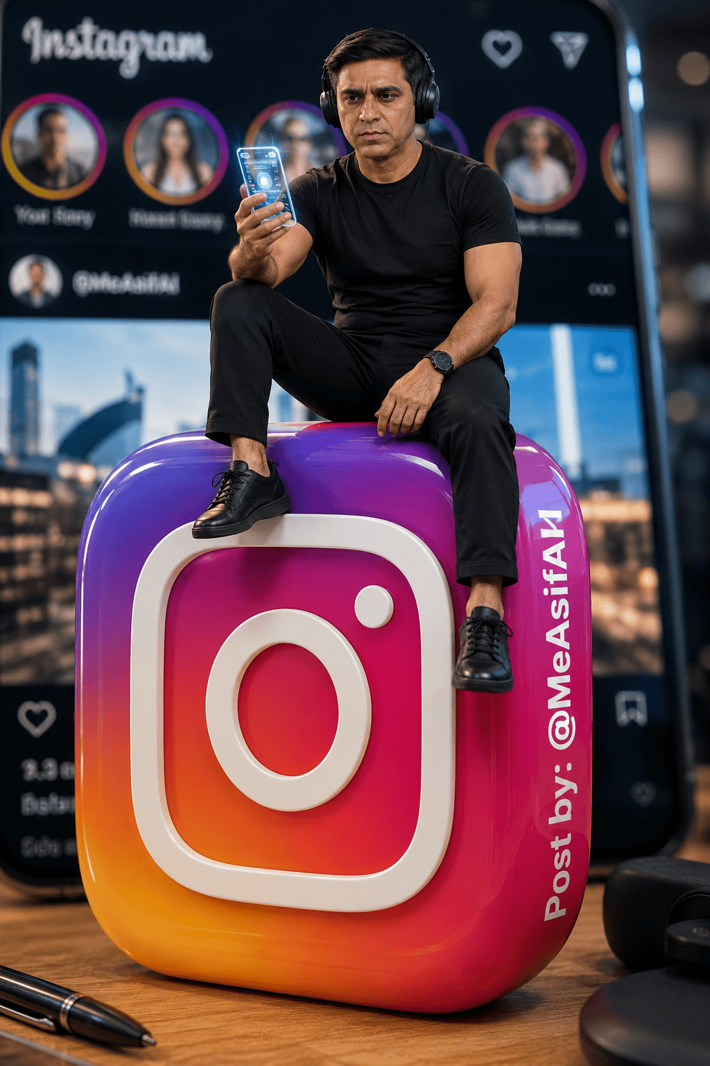 Hyper-realistic miniature man in black clothing and headphones sitting on a giant glossy Instagram logo while holding a holographic smartphone, with a blurred Instagram interface in the background.