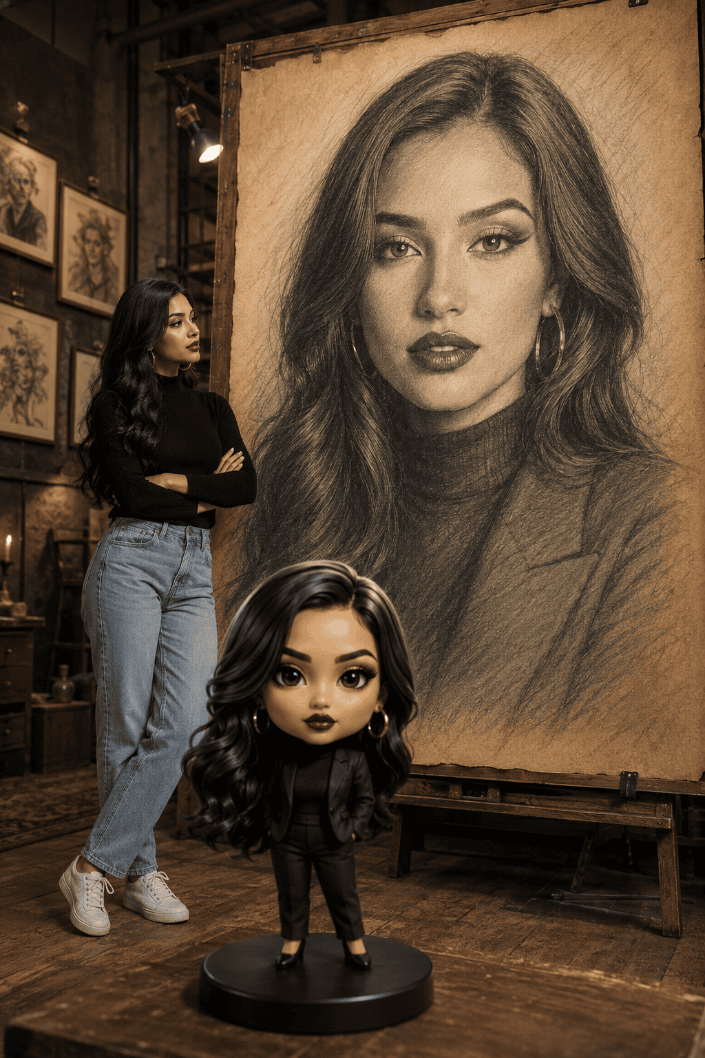 Ultra-realistic chibi collectible figurine of a woman in the foreground with a life-size version beside a giant graphite portrait inside a cinematic artist studio Artistic AI Portrait Designs