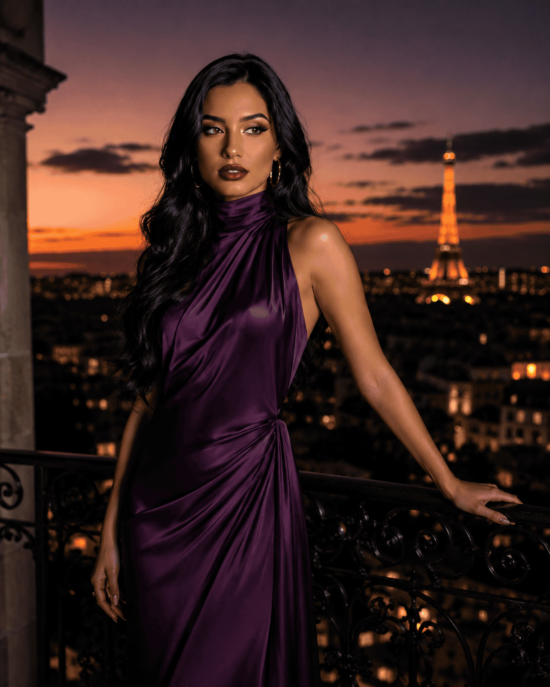 Elegant woman in a floor-length purple satin gown standing on a balcony at twilight with a glowing city skyline and iconic landmark in the background, captured in a cinematic portrait.