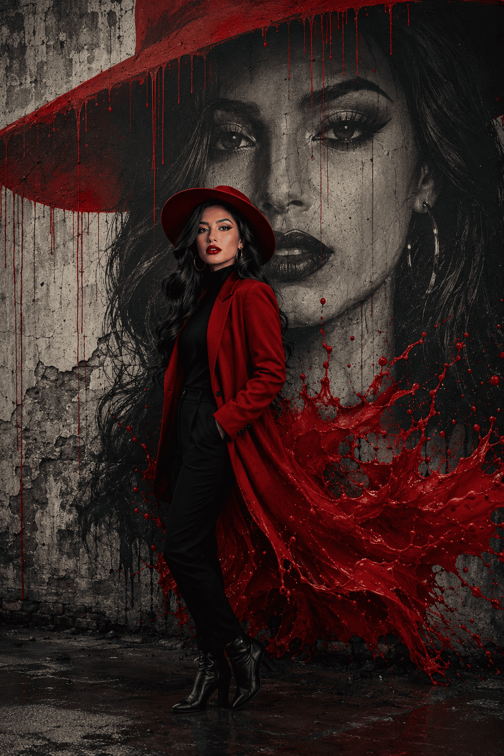 Cinematic street art portrait of a woman in a deep red coat and wide-brimmed red hat standing before a grayscale mural with dramatic red paint splashes on a weathered concrete wall.